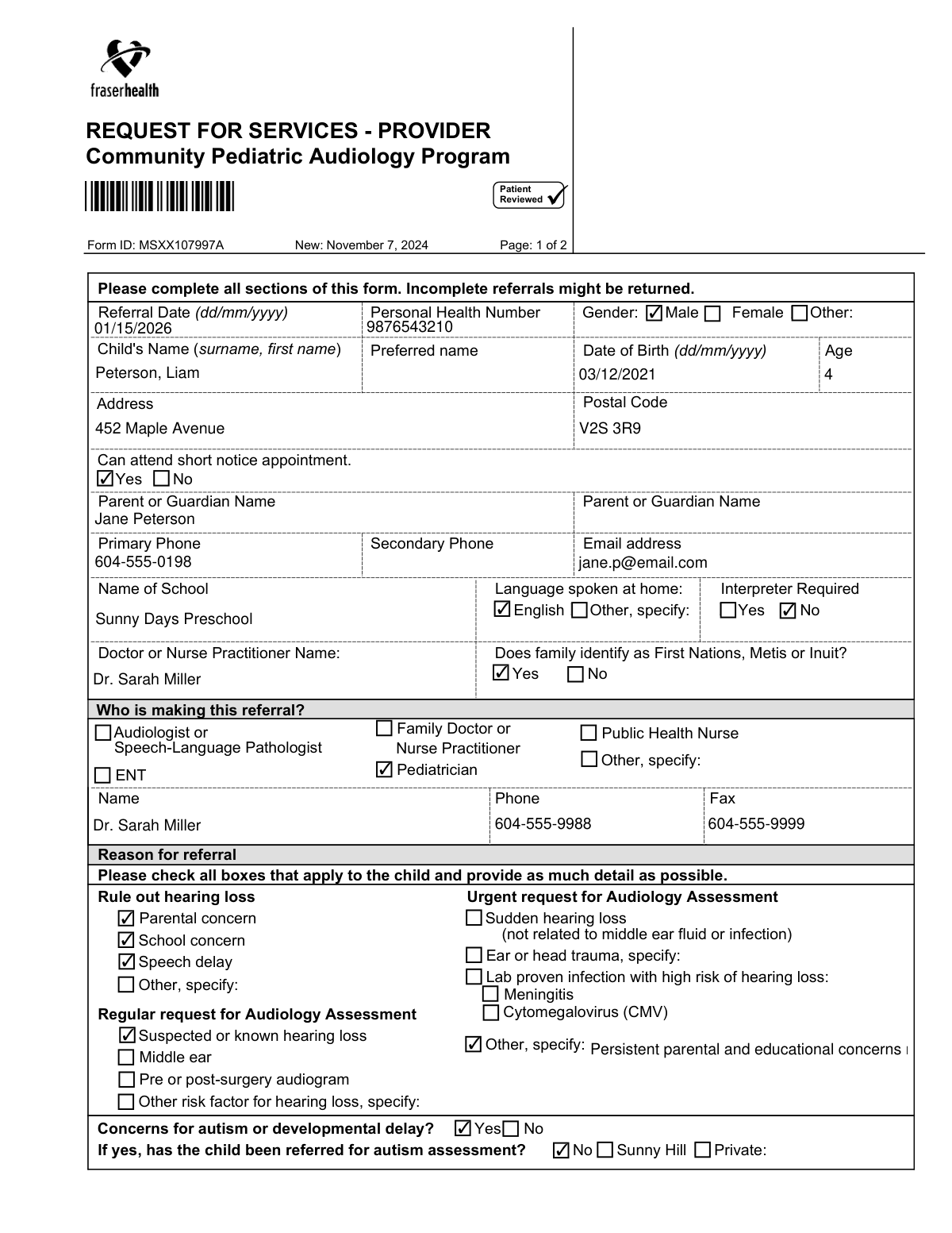 Completed Community Pediatric Audiology Program referral form example.