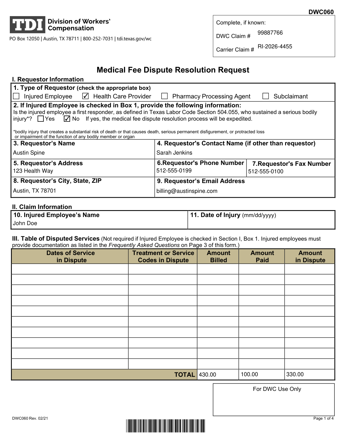 Example of a filled-out Request to Resolve a Medical Fee Dispute form
