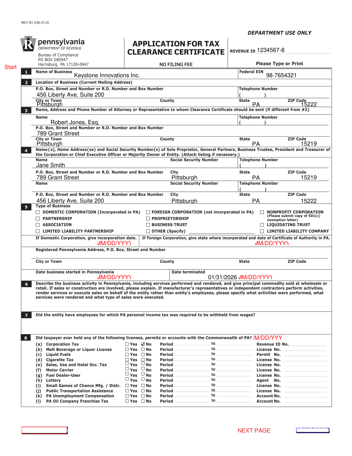 Completed REV-181 (CM) form for a corporation seeking tax clearance for dissolution in Pennsylvania