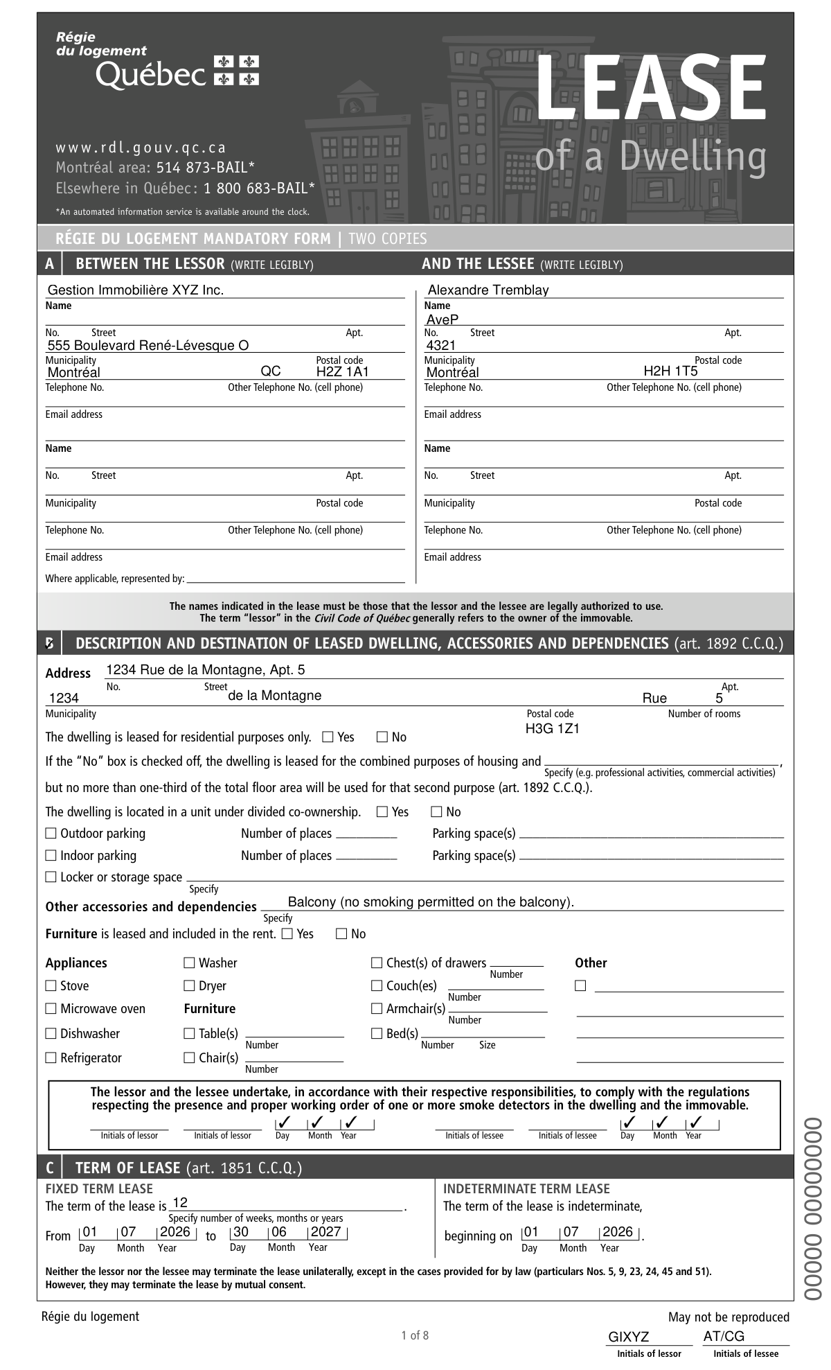 Completed first page of the mandatory Quebec residential lease form for a standard apartment rental in 2026.