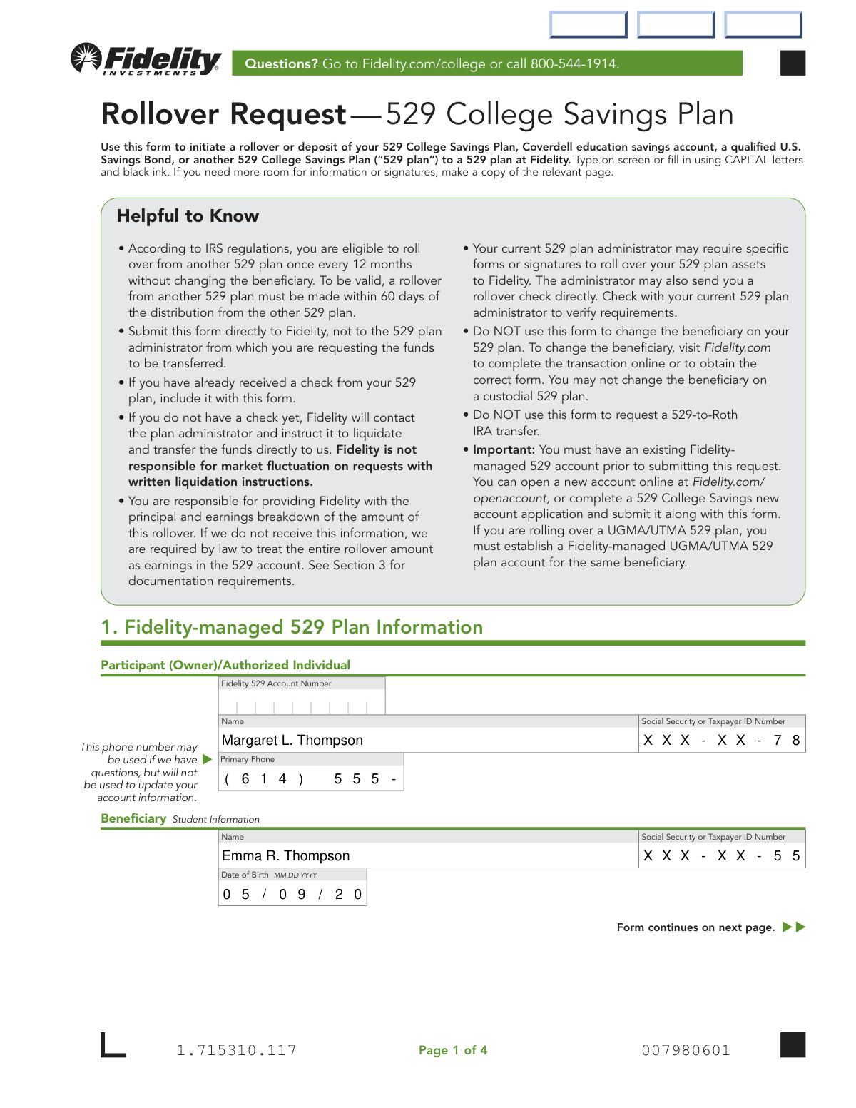 Completed Rollover Request form for a 529 College Savings Plan showing a parent transferring funds from one child's account to a sibling's account