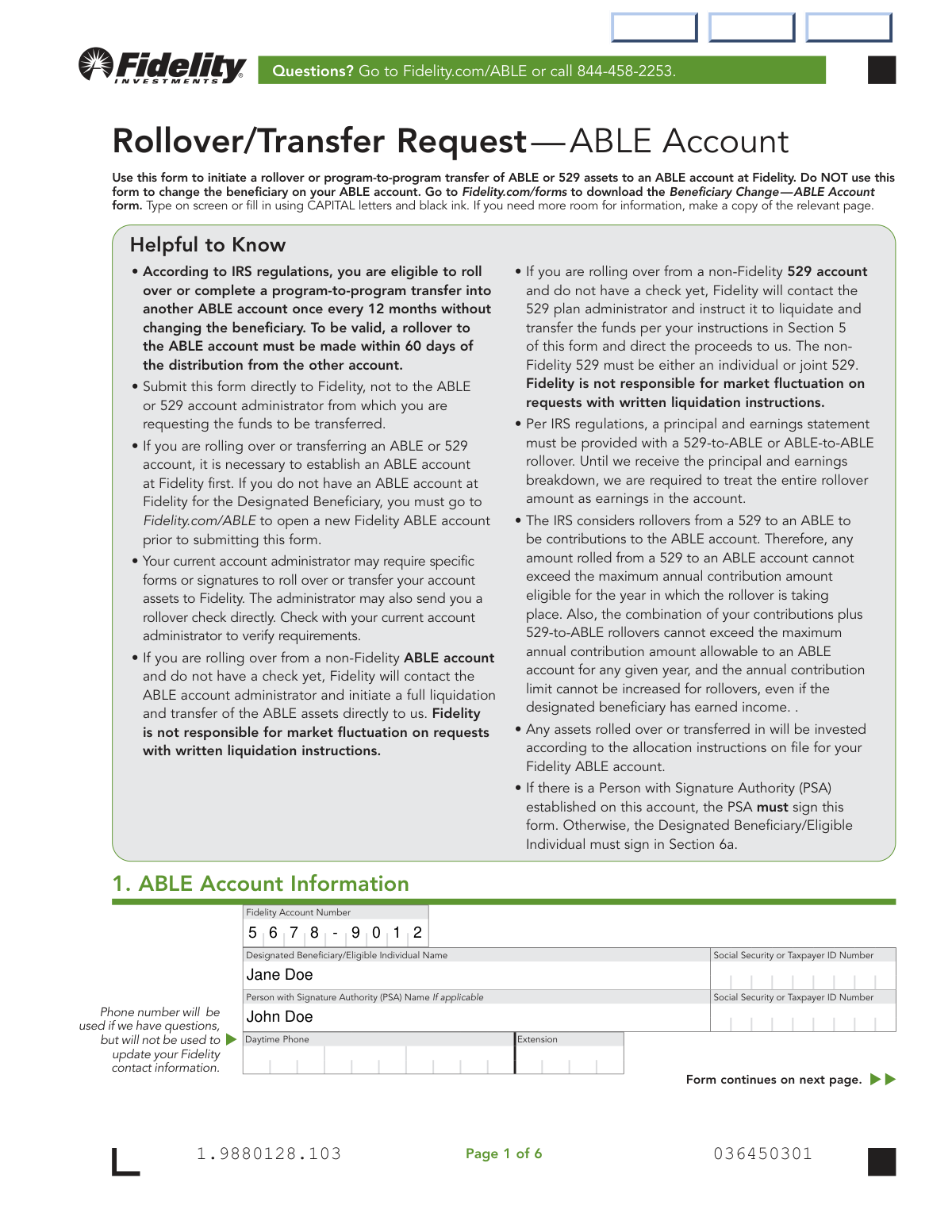 Completed Rollover/Transfer Request form sample for moving funds from a 529 Plan to an ABLE Account.