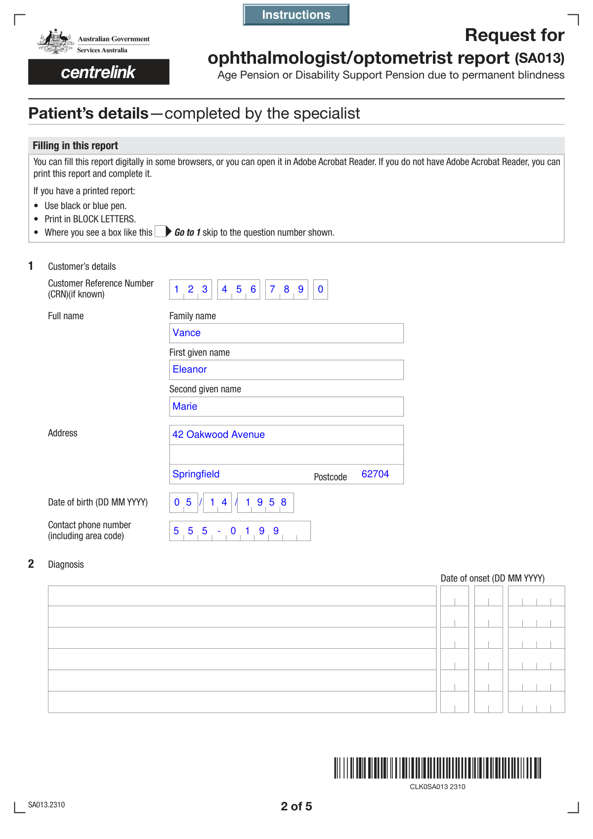 A screenshot of a completed SA393 medical report form for vision impairment.