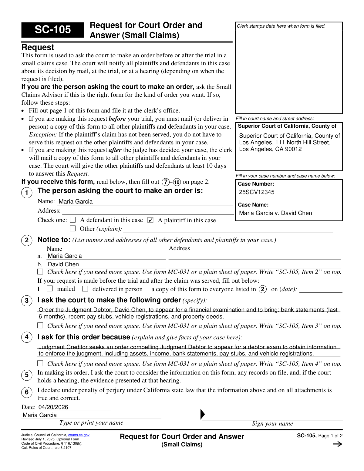 Completed SC-105 form sample requesting a debtor's examination in a California small claims case.