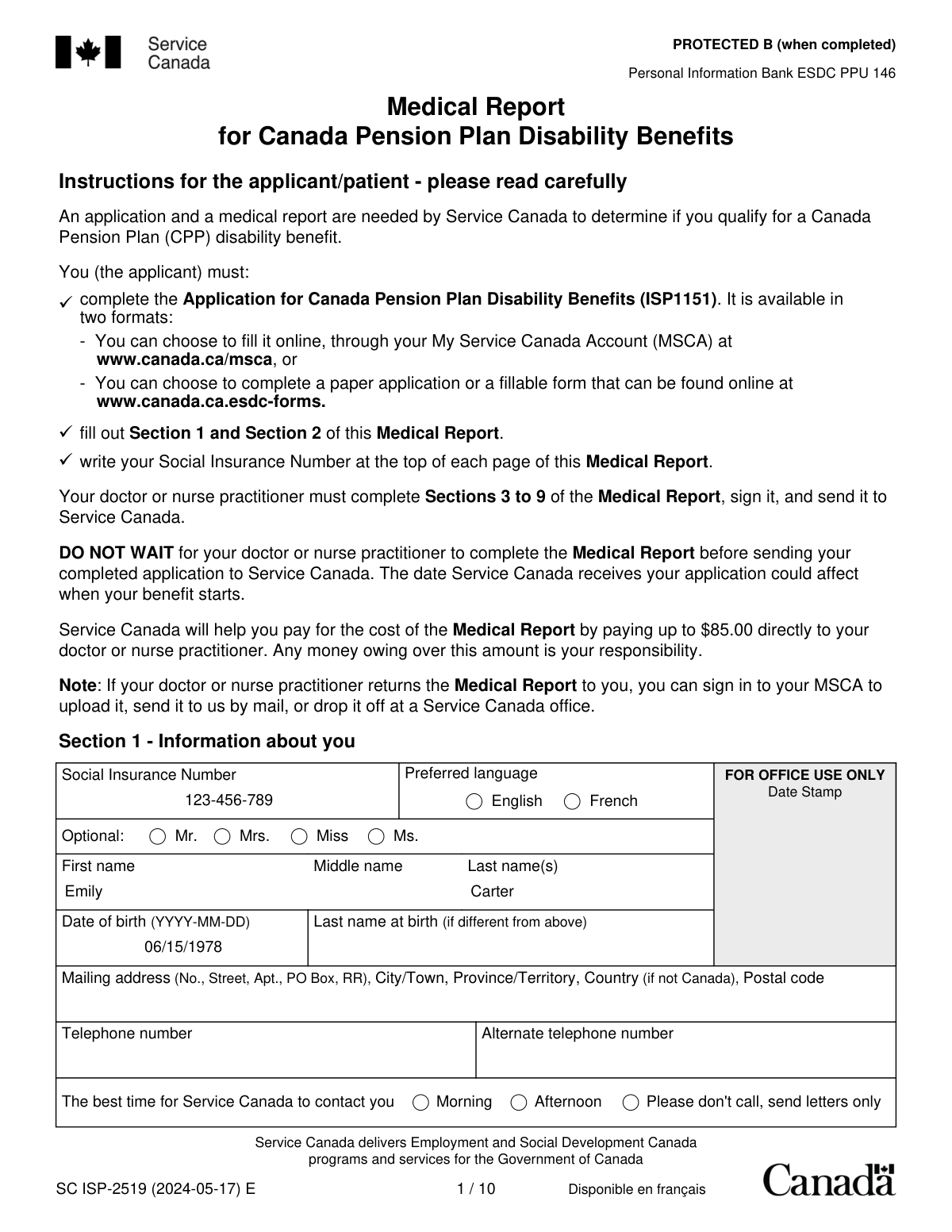 Sample of a completed SC ISP-2519 Medical Report for a Canada Pension Plan Disability Benefits application