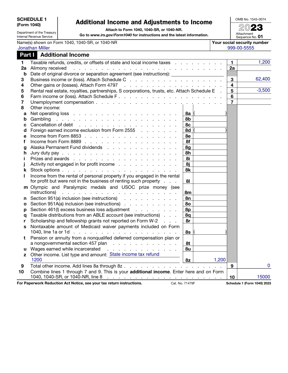 Completed Schedule 1 Form 1040 document preview