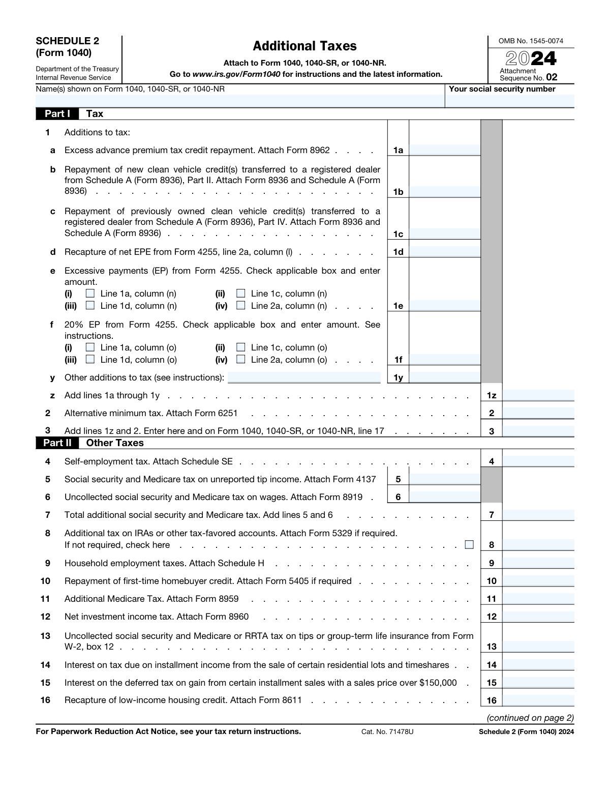 Preview of Schedule 2 (Form 1040), Additional Taxes
