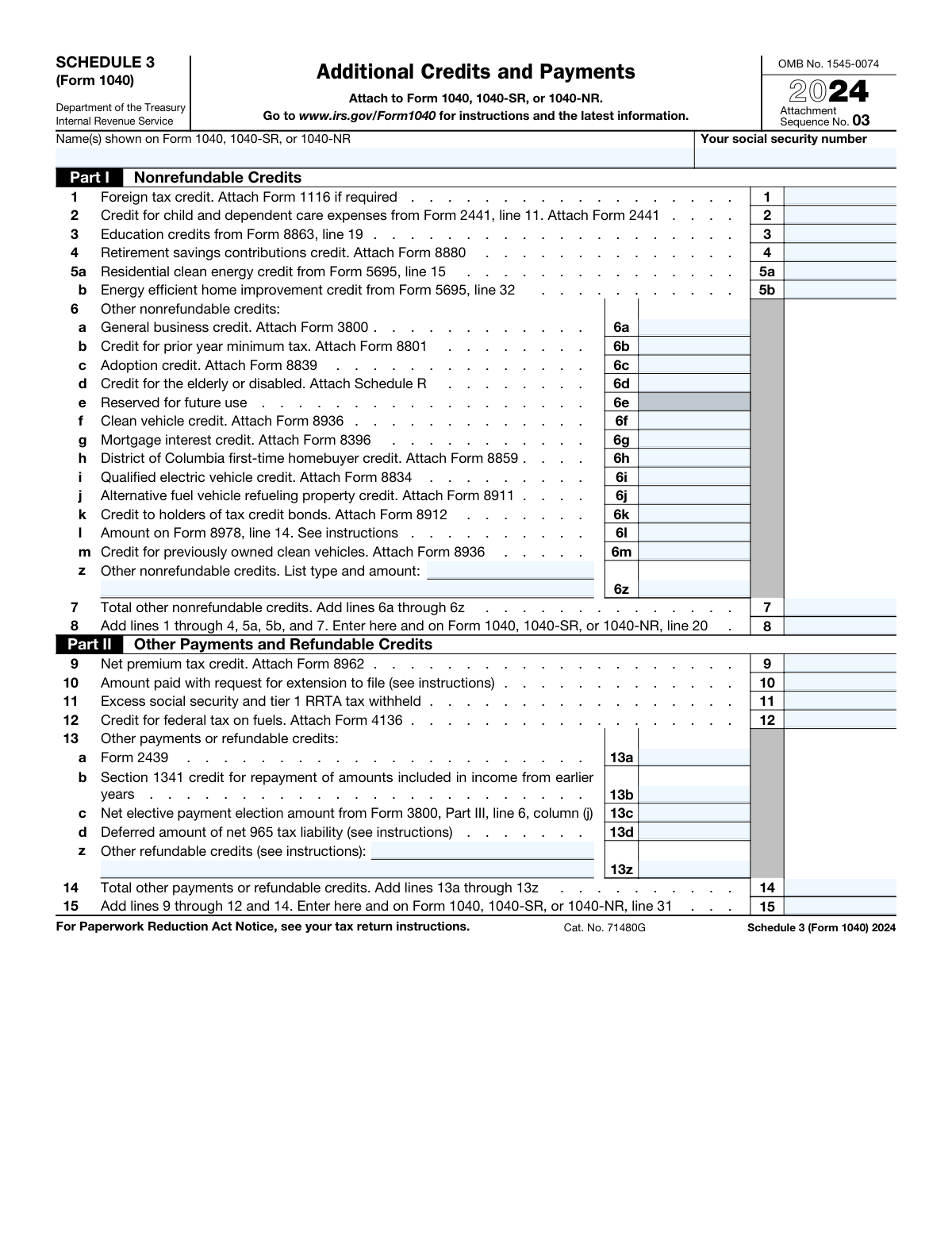 Preview of Schedule 3 (Form 1040), Additional Credits and Payments