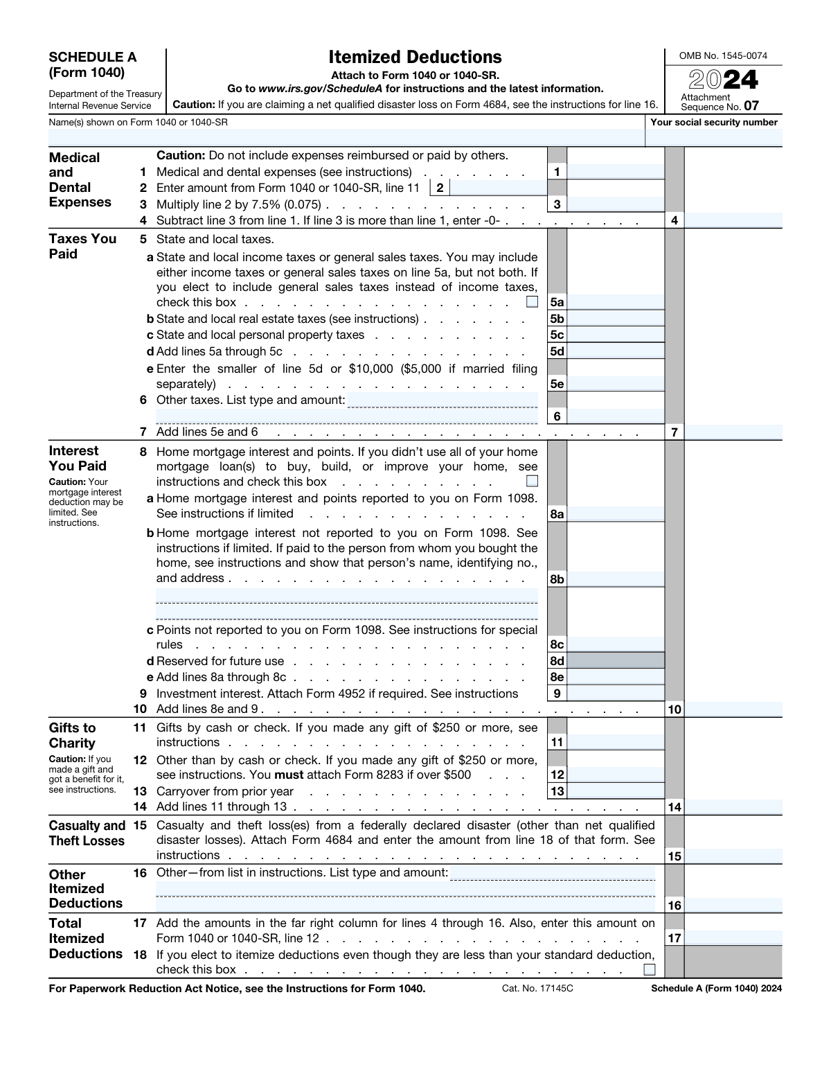 Preview of Schedule A (Form 1040), Itemized Deductions