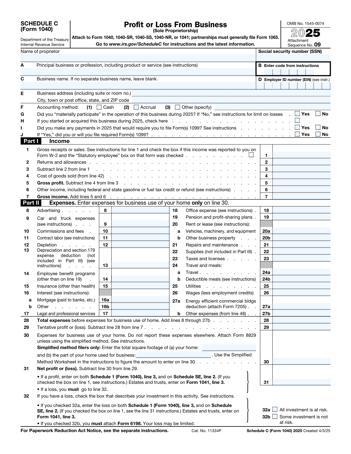 Preview of Schedule C (Form 1040), Profit or Loss From Business