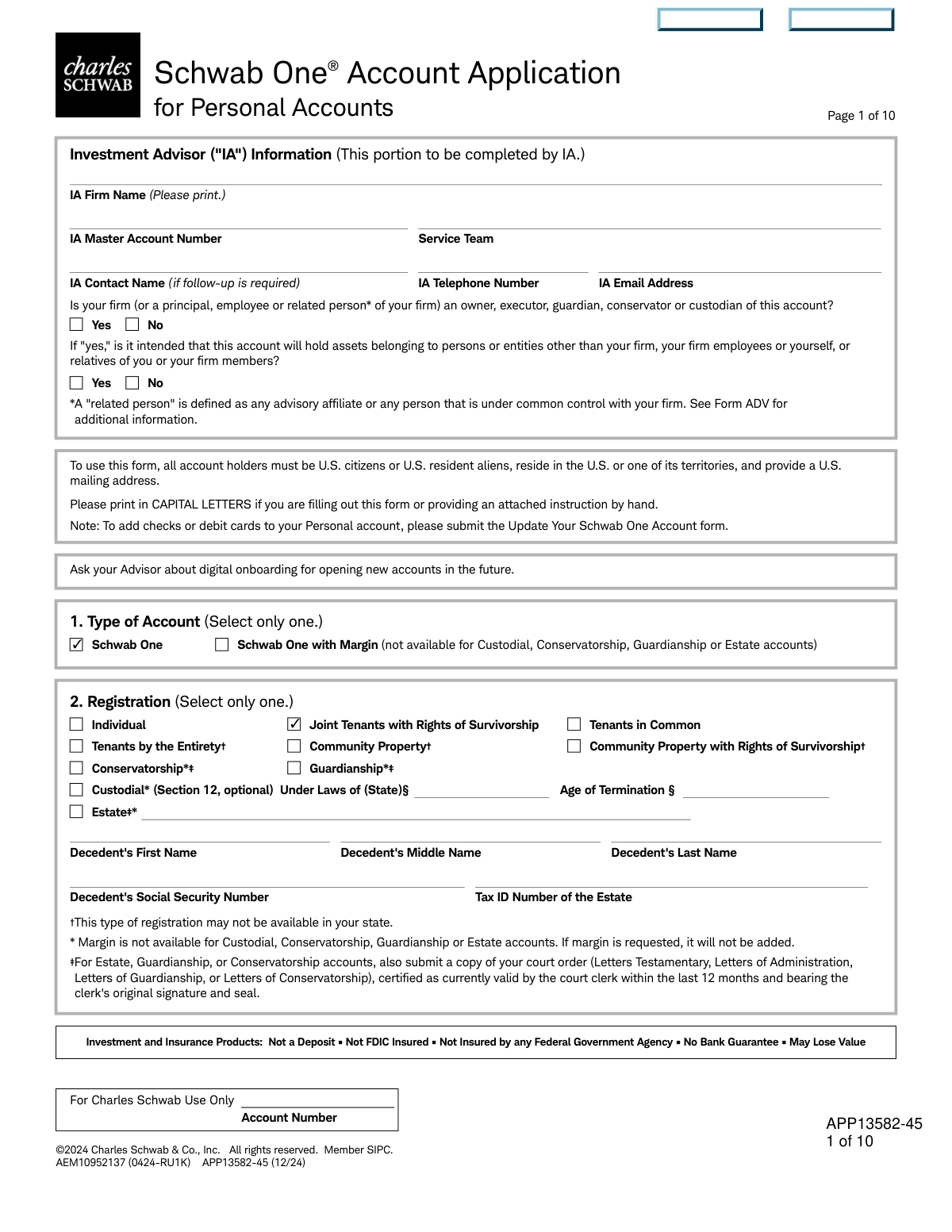 Completed Schwab One® Account Application for Personal Accounts sample for a joint account