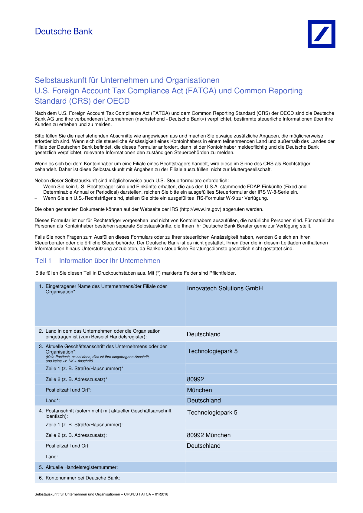 Ausgefülltes Beispielformular der Selbstauskunft für Unternehmen für FATCA und CRS für eine deutsche GmbH.