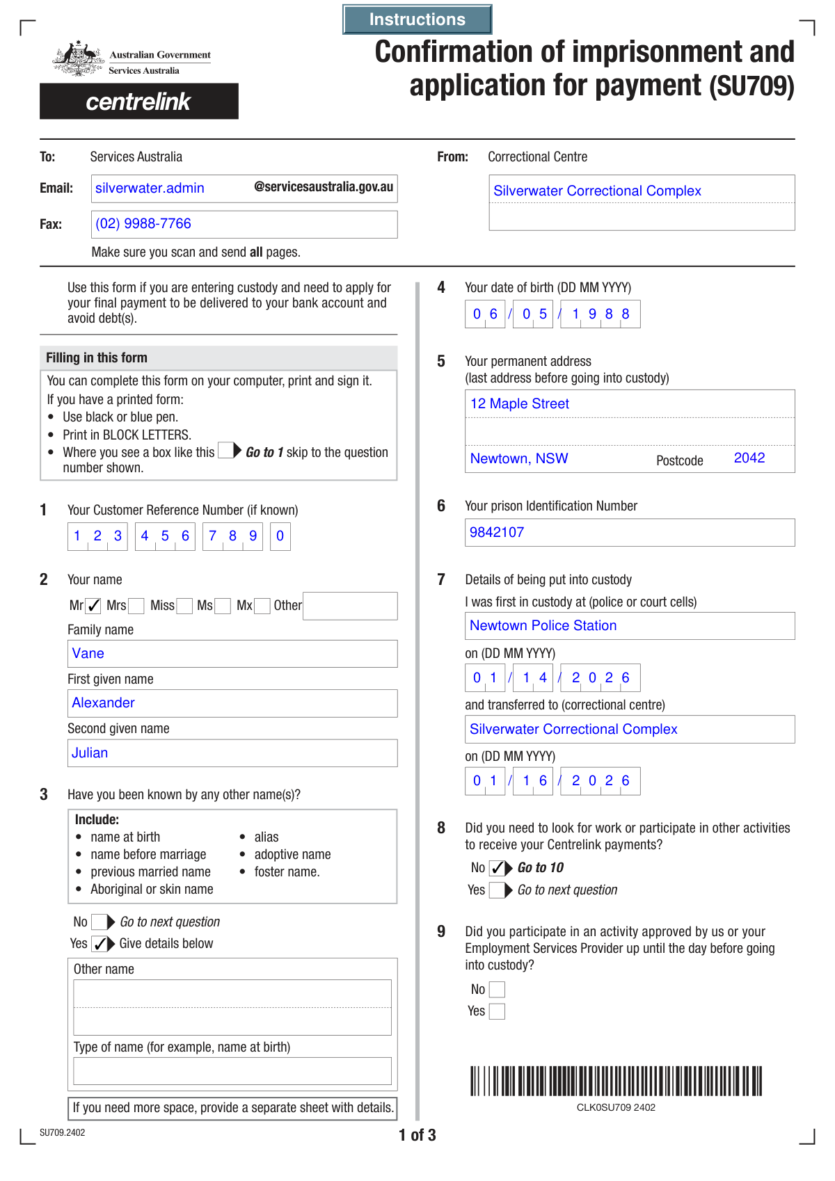 Completed Services Australia Advice of Imprisonment or Custody (MOD F) form based on inmate intake summary