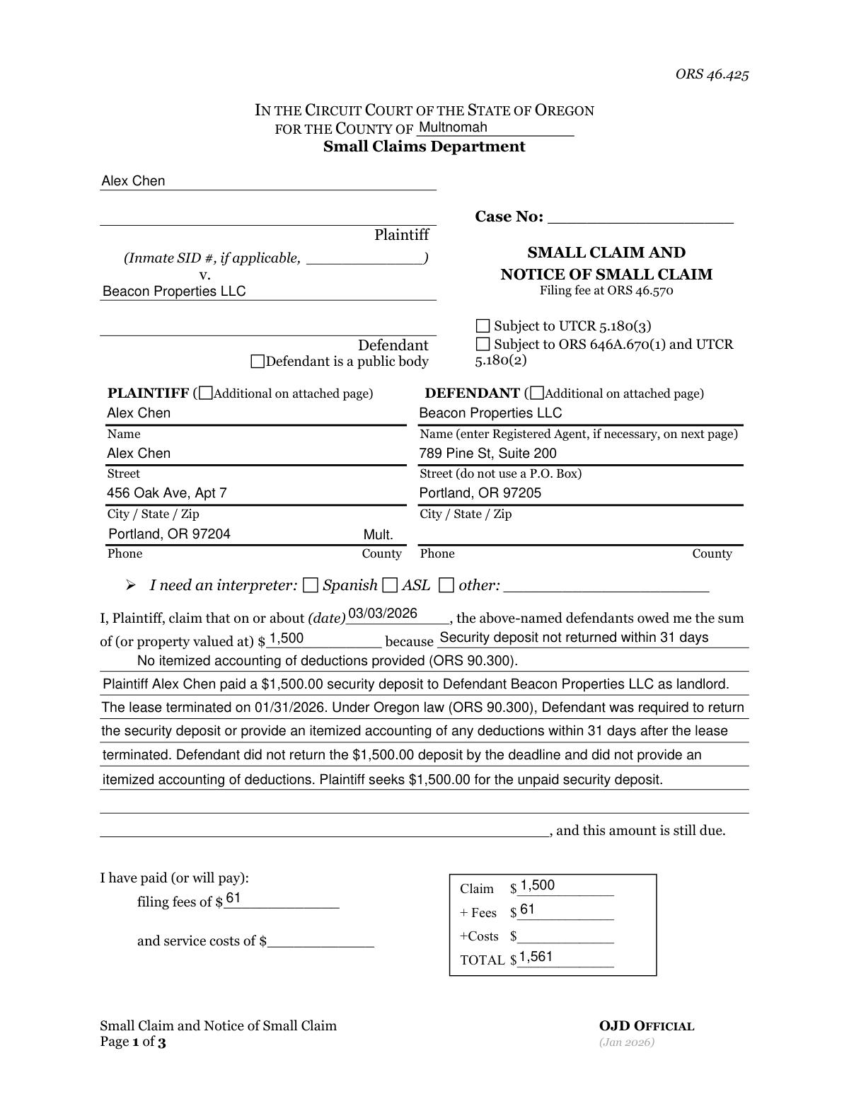 Completed Oregon Small Claim and Notice of Small Claim form for an unreturned security deposit dispute.