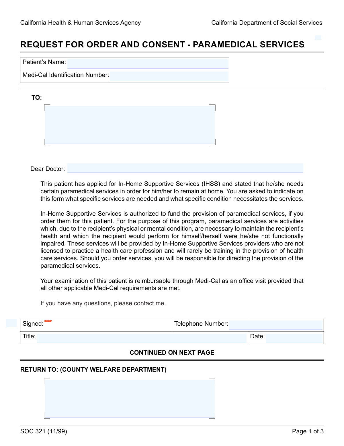 Preview of SOC 821, Request for Order and Consent for Paramedical Services
