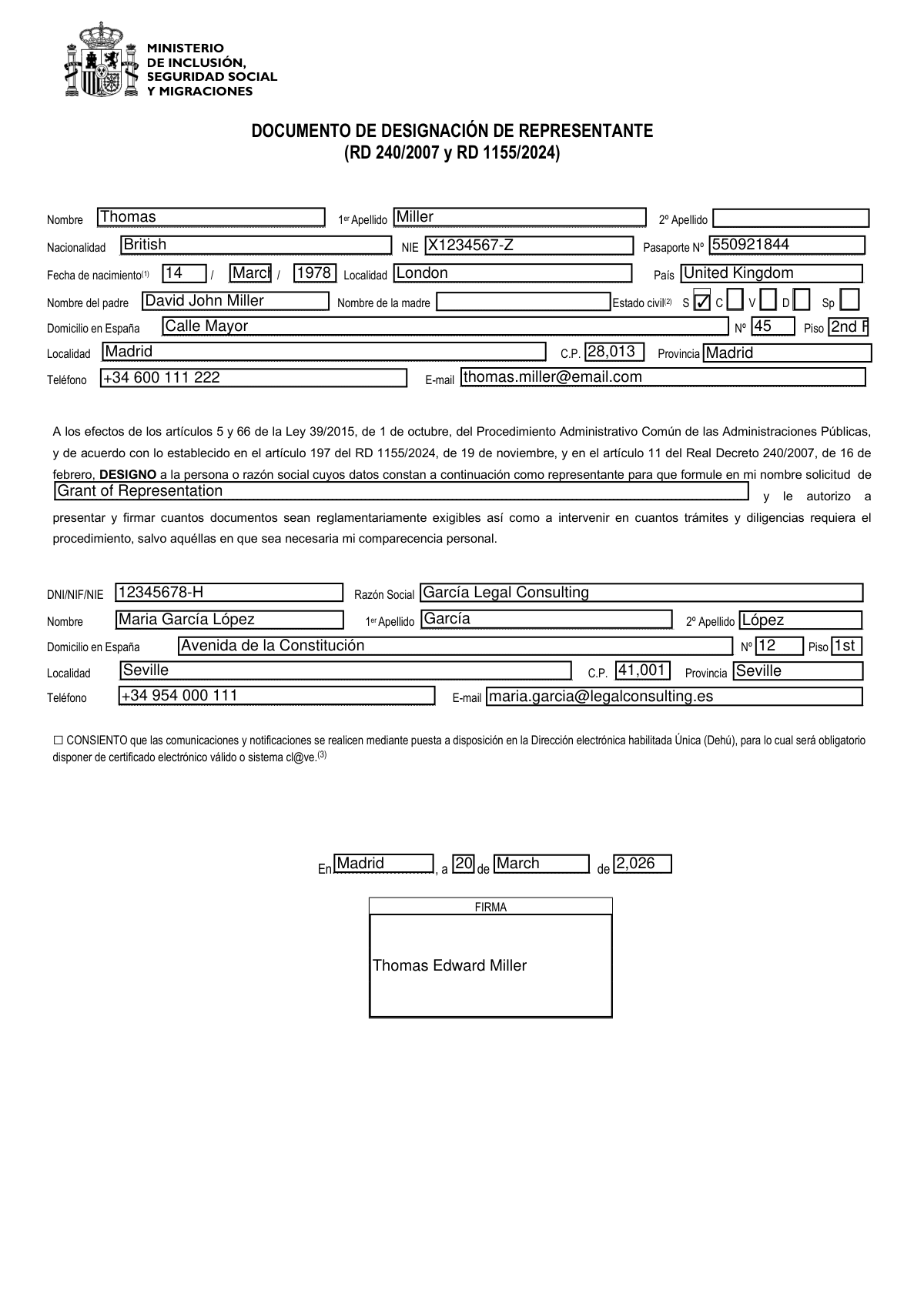 Completed Spanish Grant of Representation Form showing representative authorization data.