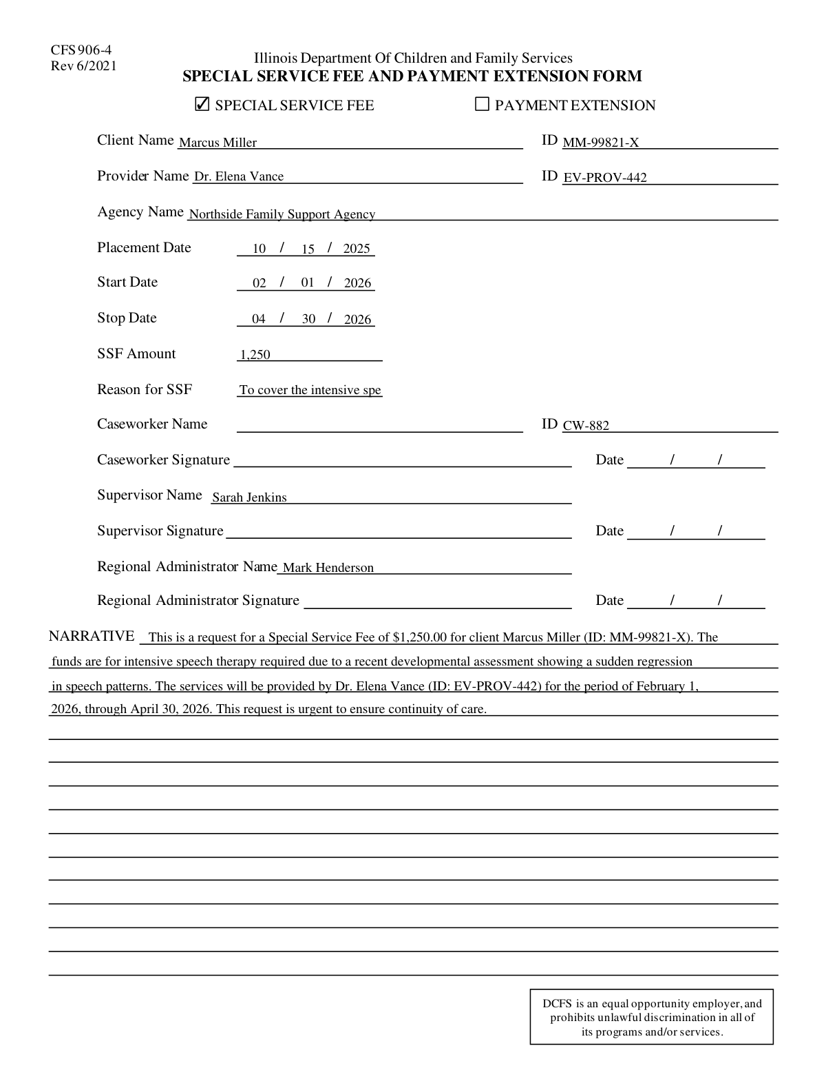 Completed Special Service Fee and Payment Extension Request form
