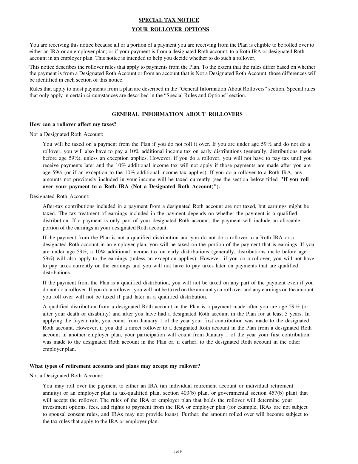 Completed Special Tax Notice Your Rollover Options form for a Fidelity Investments participant rolling over a 401(k) distribution to a Traditional IRA