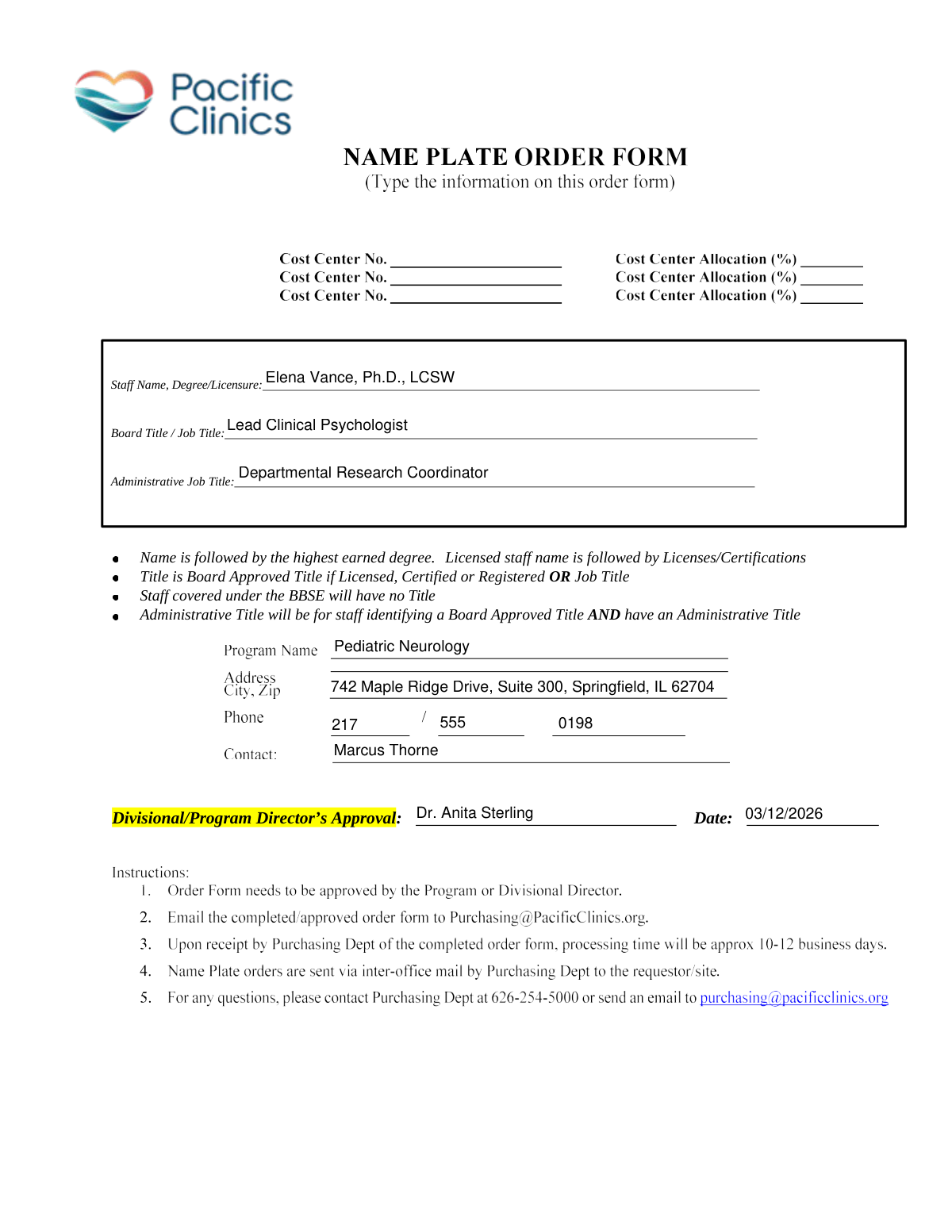 Completed Staff Information and Cost Center Allocation Form for clinical department
