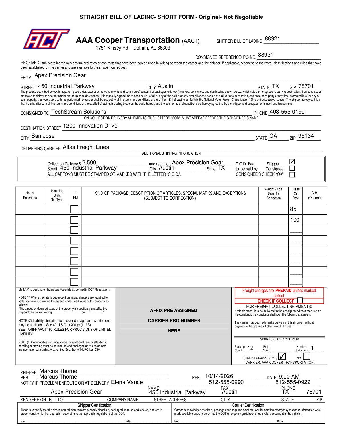 Completed Standard Bill of Lading form reflecting extracted logistics data