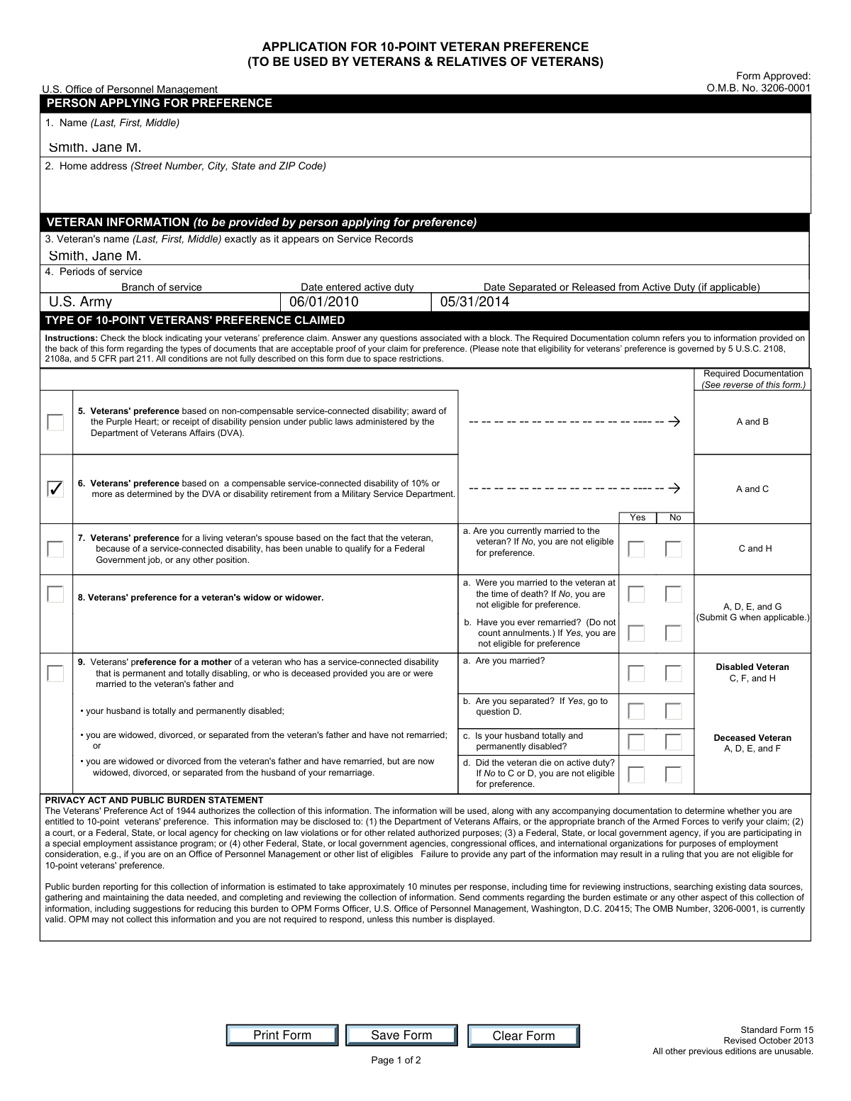 Completed Standard Form 15 (SF-15) for a disabled veteran applying for 10-point preference for federal employment.
