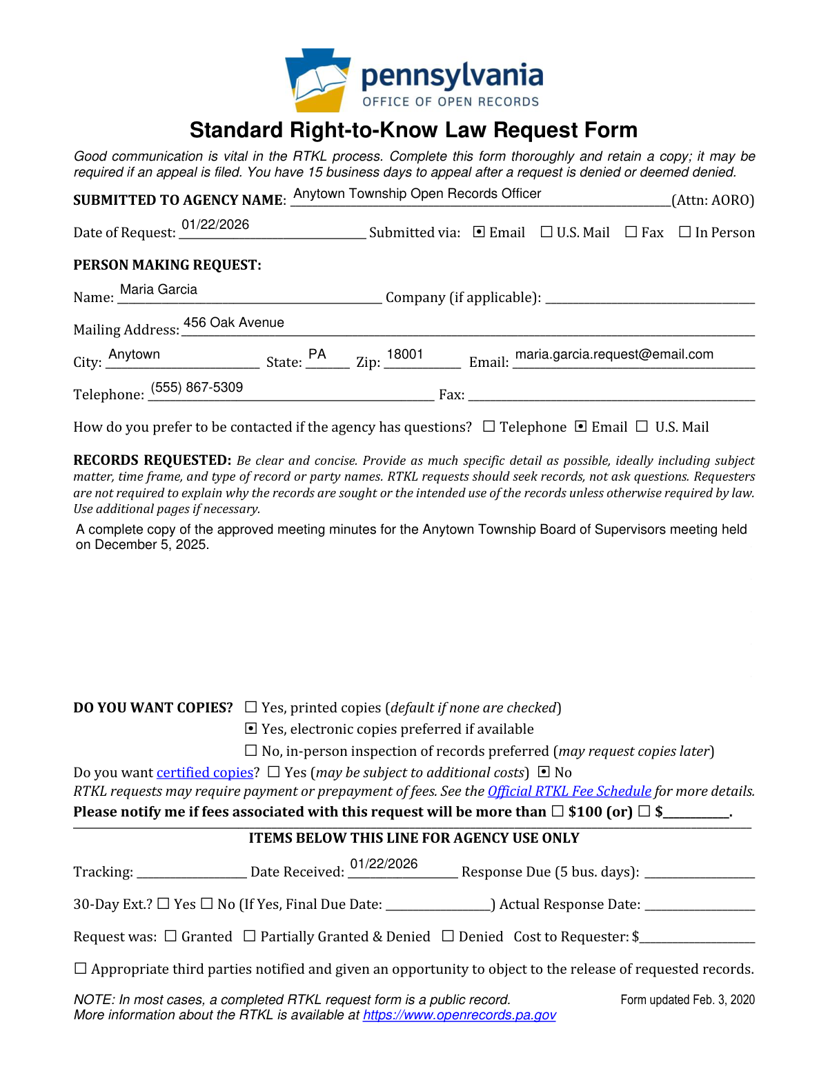 A completed Standard Right-to-Know Law Request Form sample for a citizen requesting public meeting minutes.