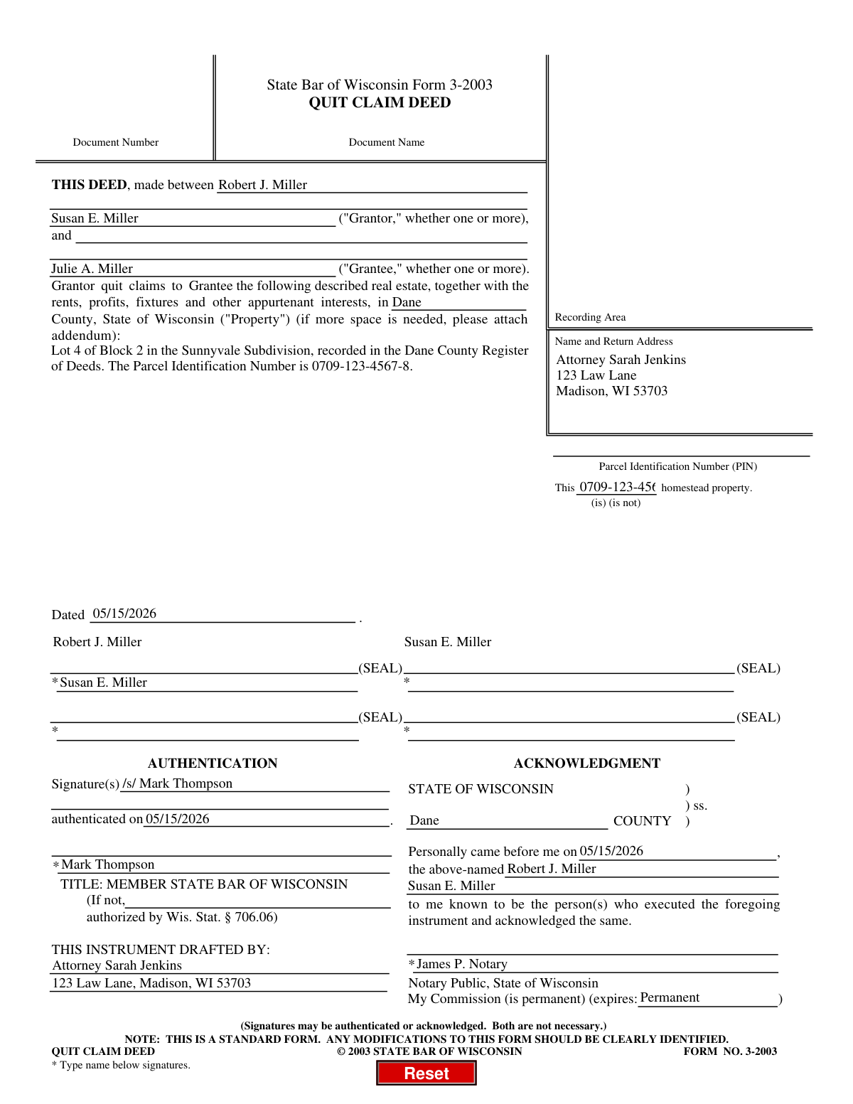 Filled State Bar of Wisconsin Form 3-2003 Quit Claim Deed showing property transfer details