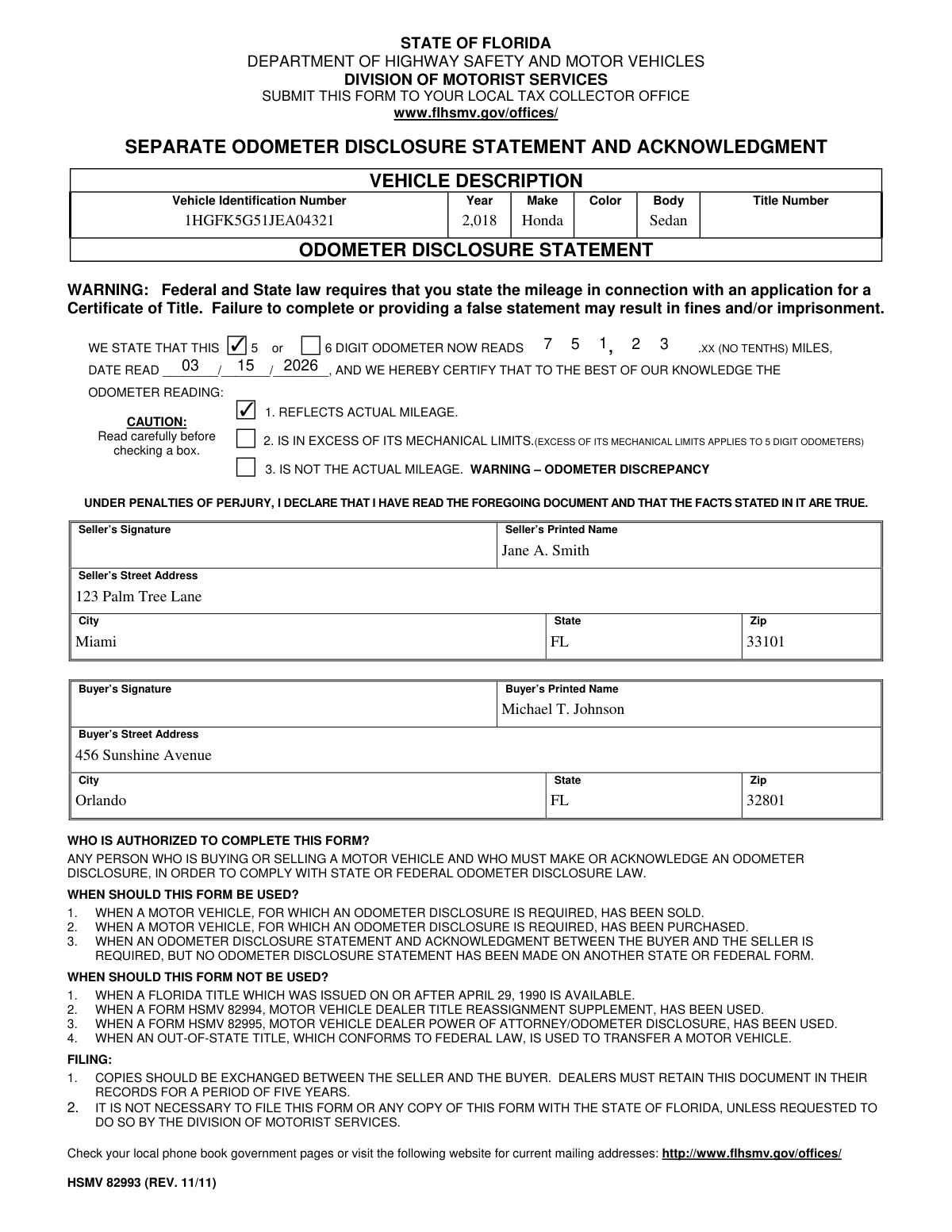 Completed Florida HSMV Form 82993, Separate Odometer Disclosure Statement, for a private vehicle sale.