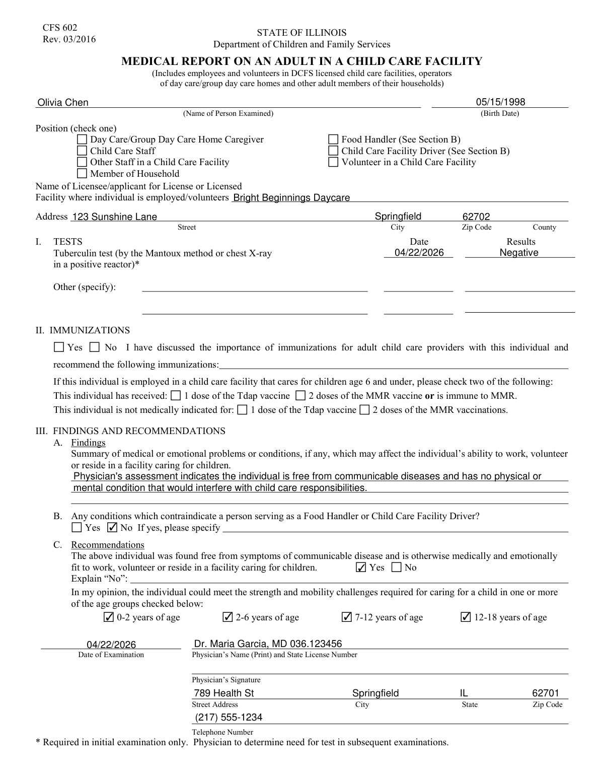 A sample of a completed State of Illinois CFS 602 Medical Report on an Adult in a Child Care Facility.
