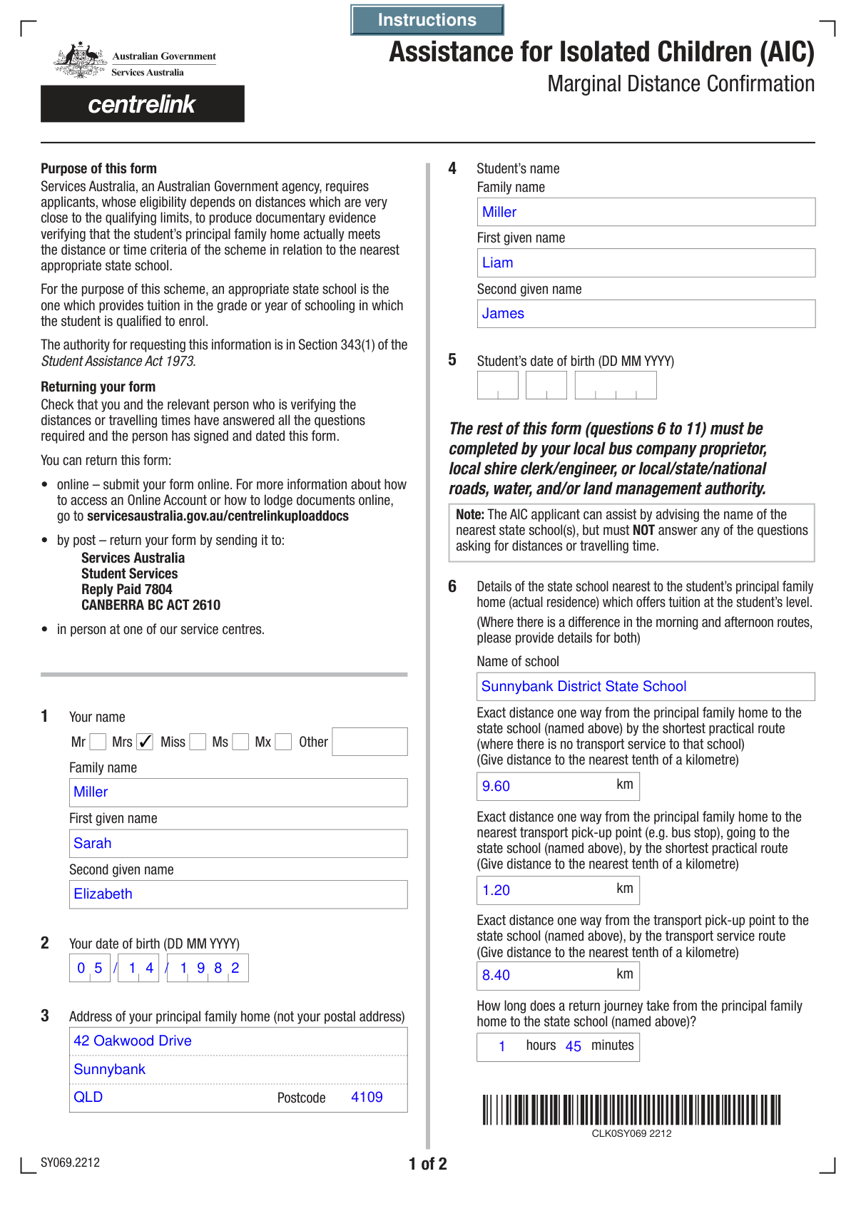 Completed Statement of Authority for School Transport Assistance form