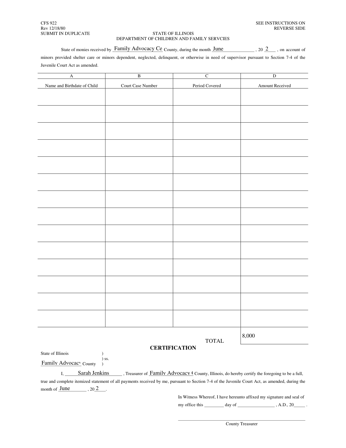 Filled Statement of Monies Received for Child(ren) form example