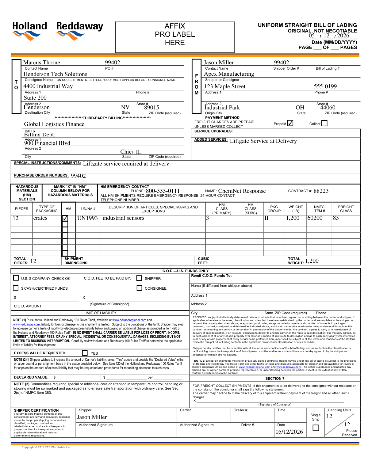Completed Straight Bill of Lading form for industrial machine shipment