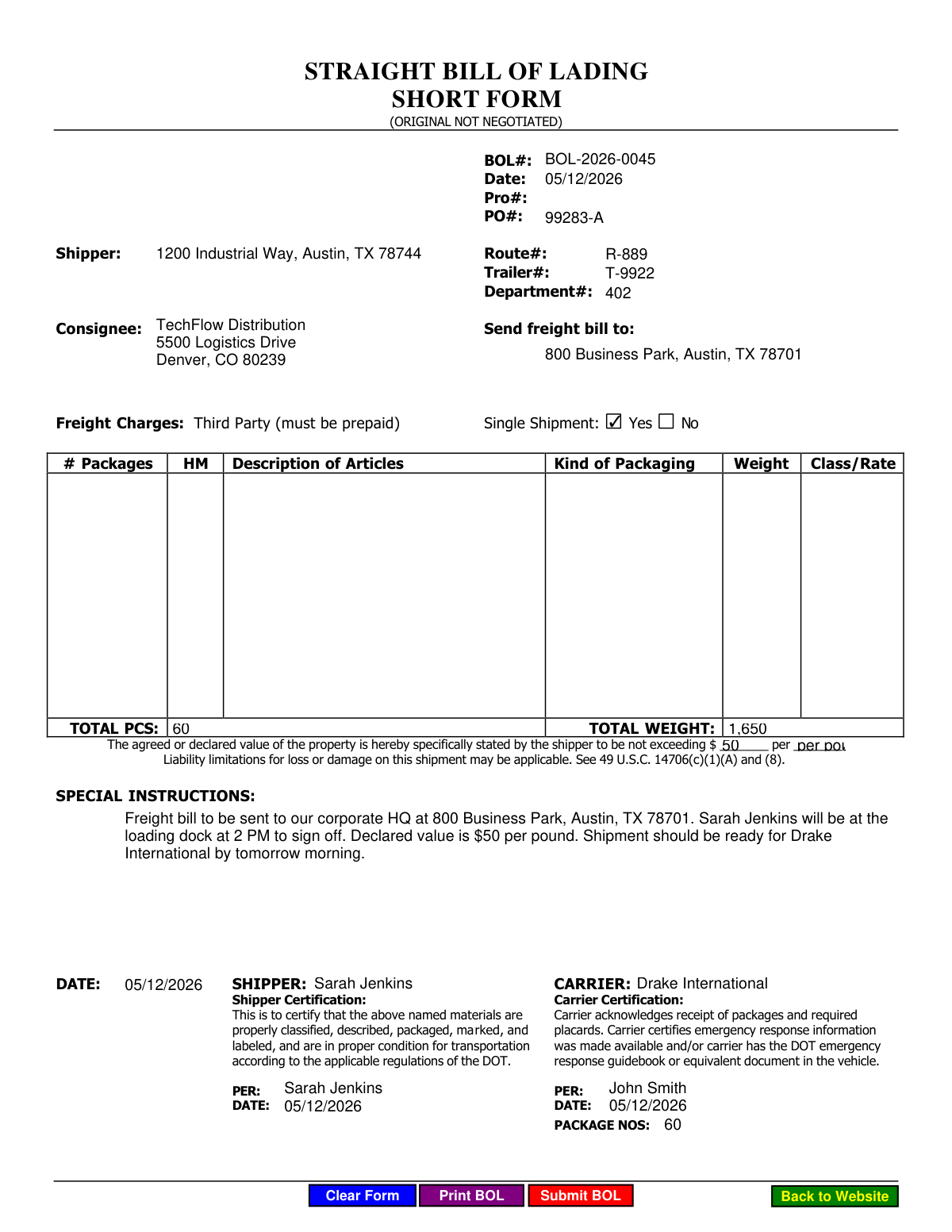 Completed Straight Bill of Lading form showing automated data extraction from logistics email