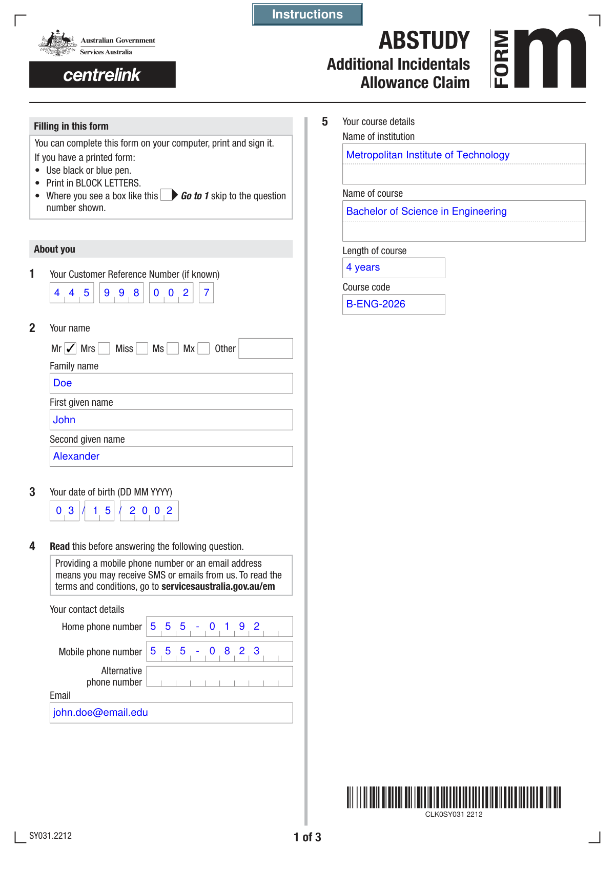 Completed Student Claim for Essential Equipment Form showing extracted data from an expense reimbursement email.