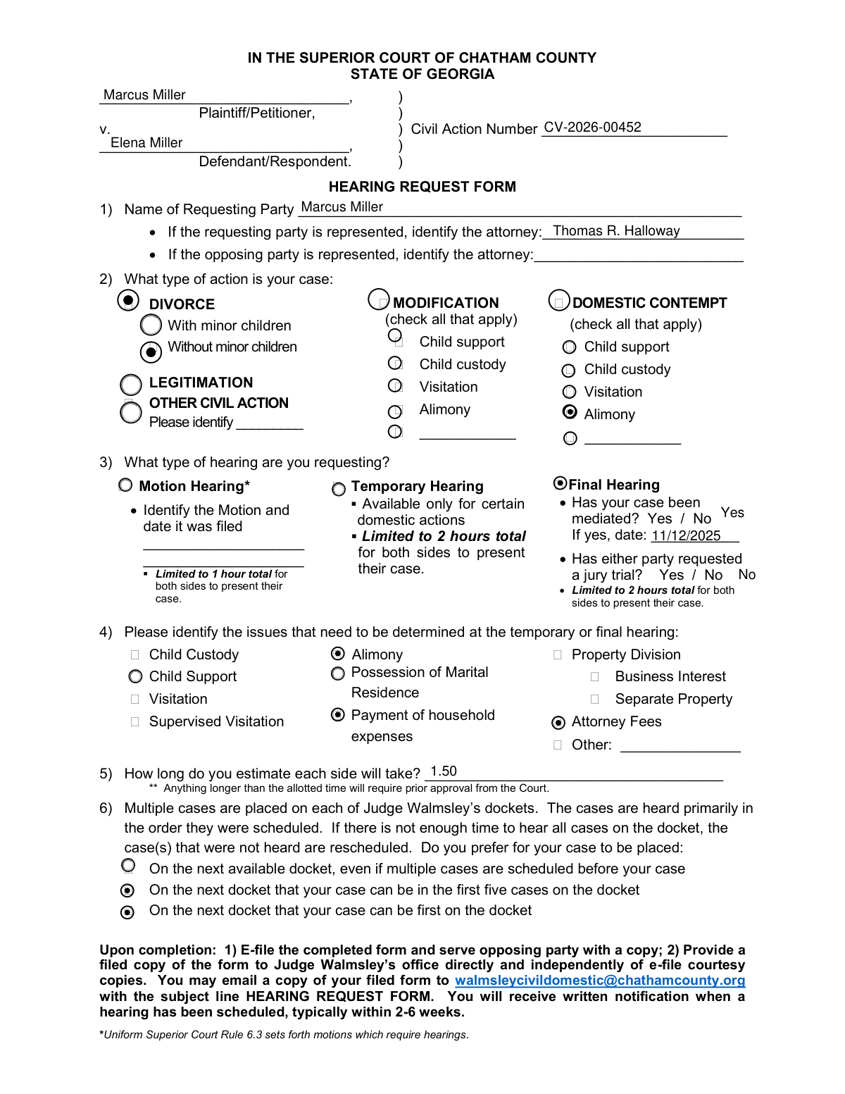 Completed Chatham County Superior Court Hearing Request Form