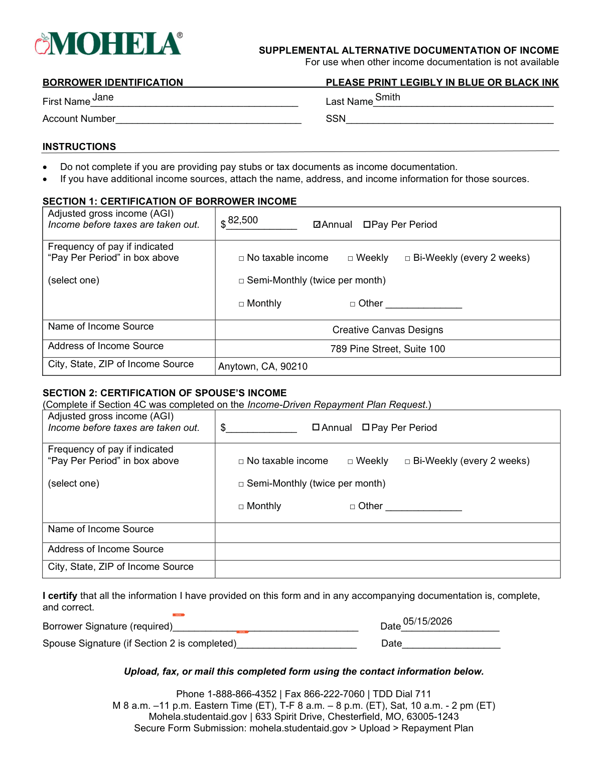 A filled-out sample of a Supplemental Alternative Documentation of Income form for a self-employed individual.