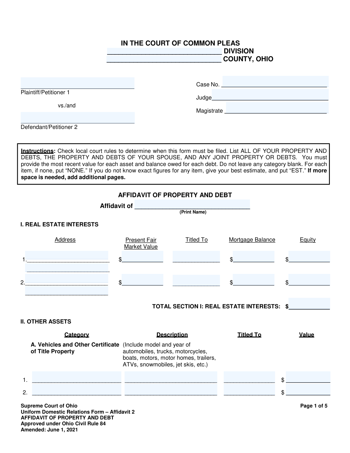 Preview of Supreme Court of Ohio Uniform Domestic Relations Form – Affidavit 2, AFFIDAVIT OF PROPERTY AND DEBT