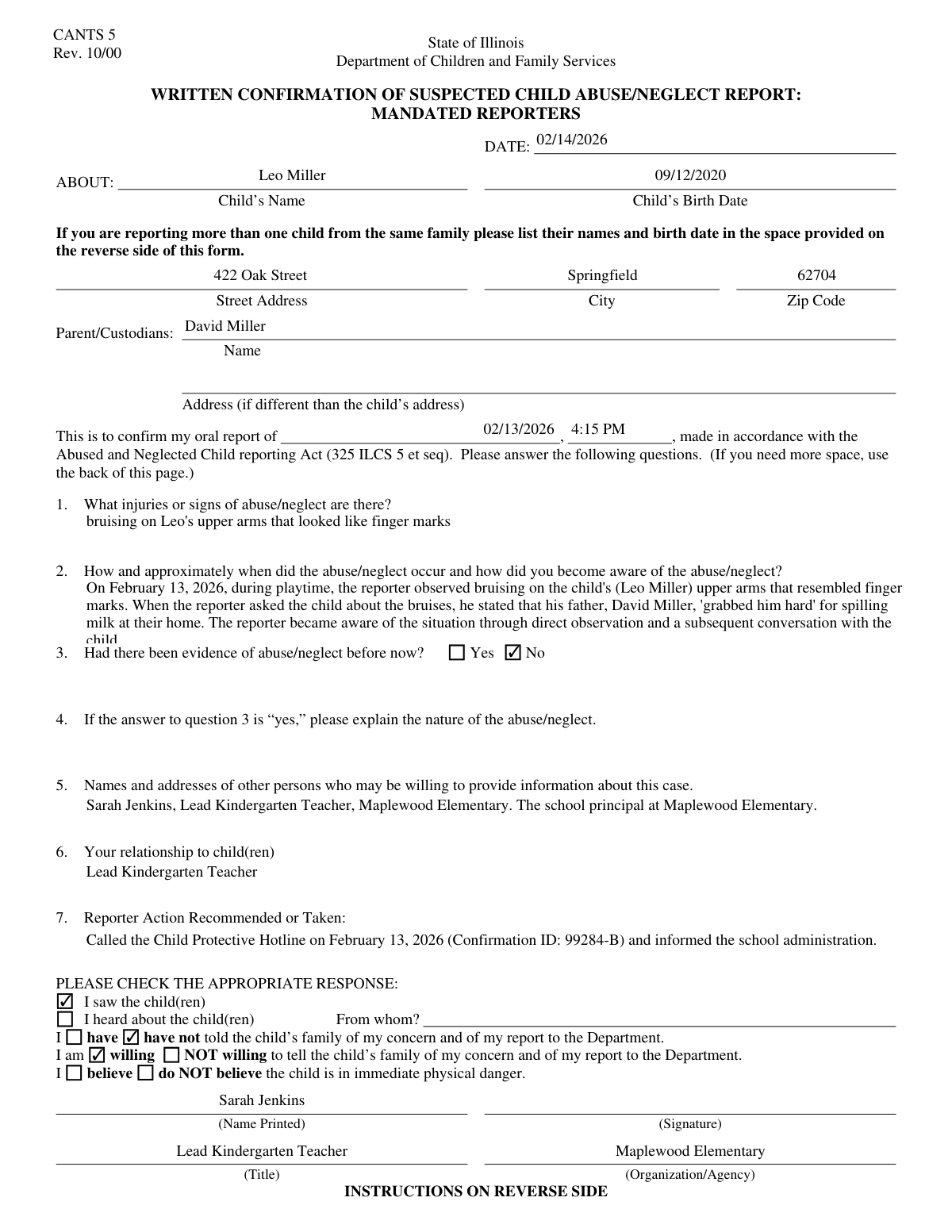 Completed Suspected Child Abuse Report form based on teacher's observation notes