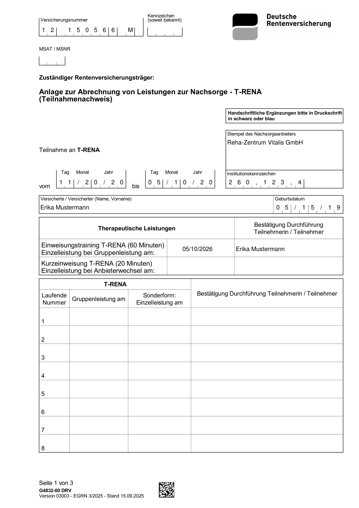 Completed example of a T-RENA Teilnahme- und Leistungsnachweis for group services (Gruppenleistungen)