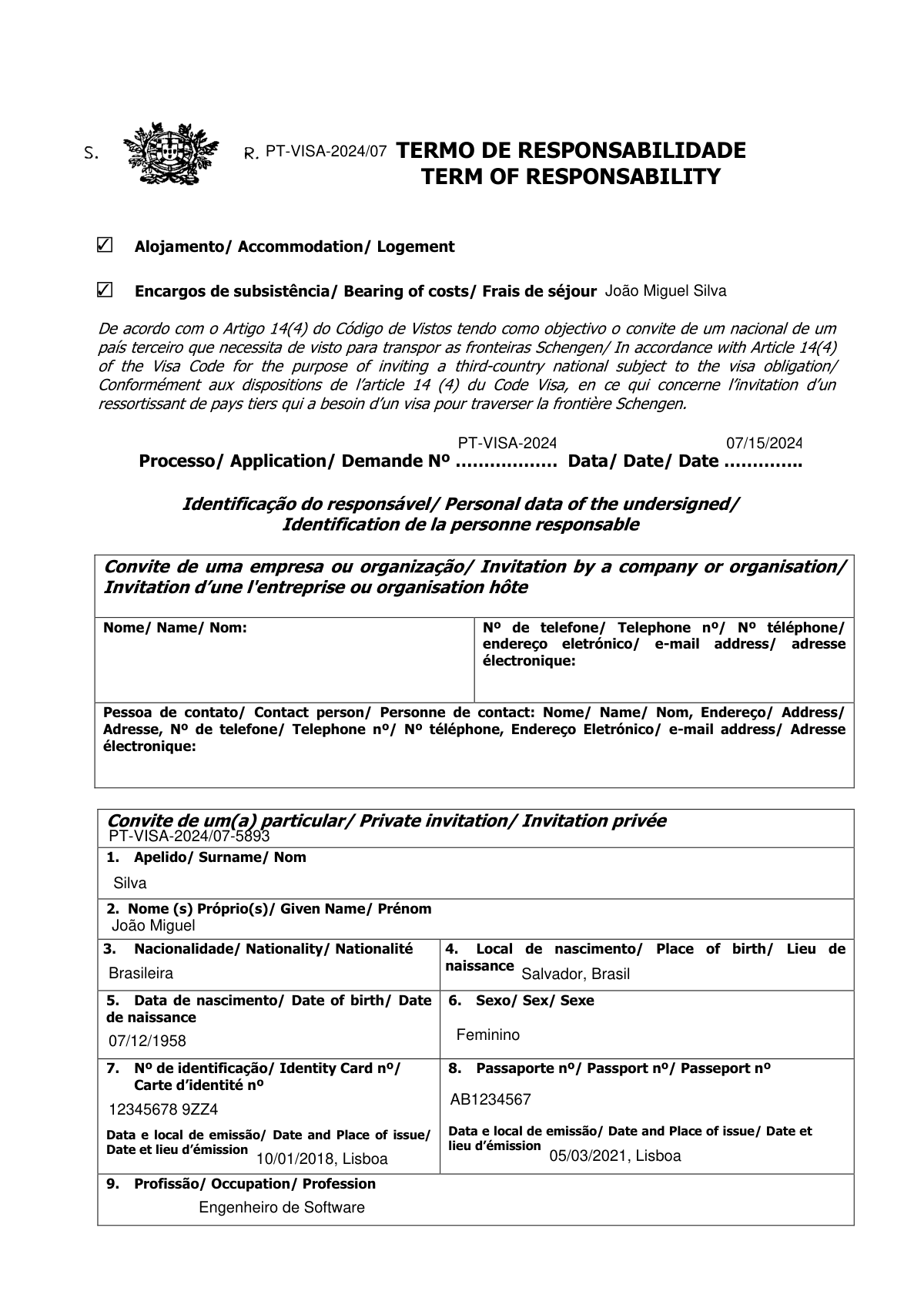 Completed Termo de Responsabilidade Form for a family visit to Portugal