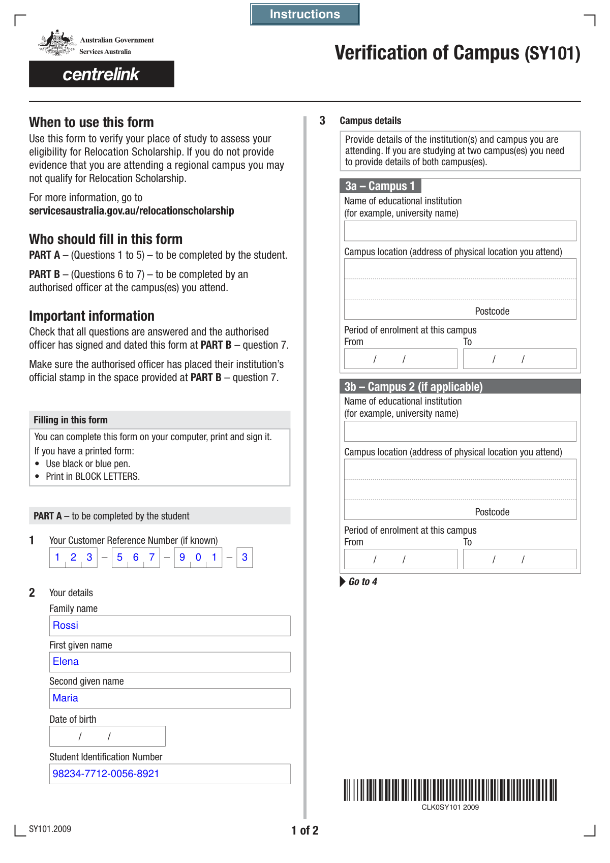 Completed Tertiary Student Enrolment Declaration form populated by AI