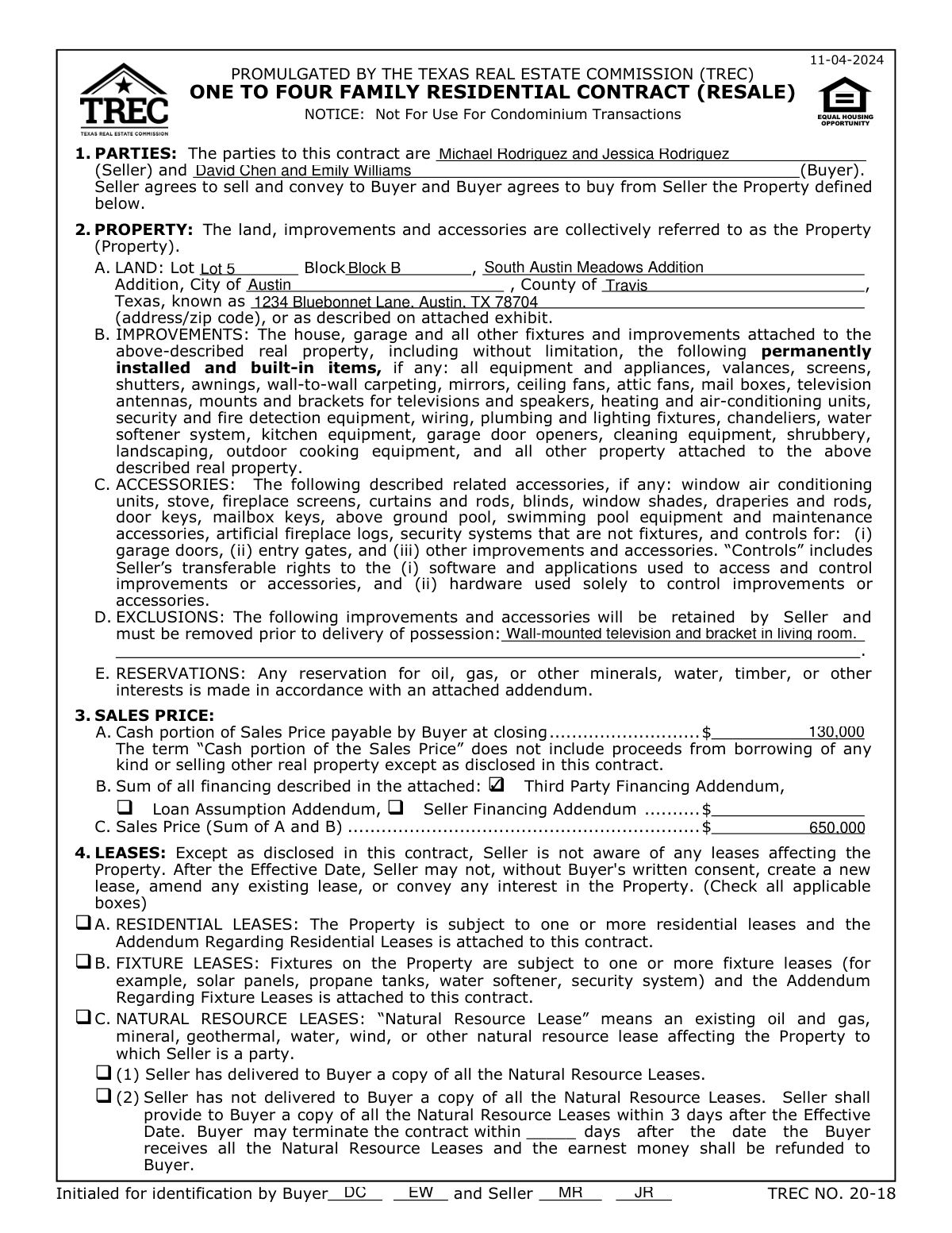 Completed first page of a Texas Real Estate Commission (TREC) One to Four Family Residential Contract (Resale) Form 20-18.