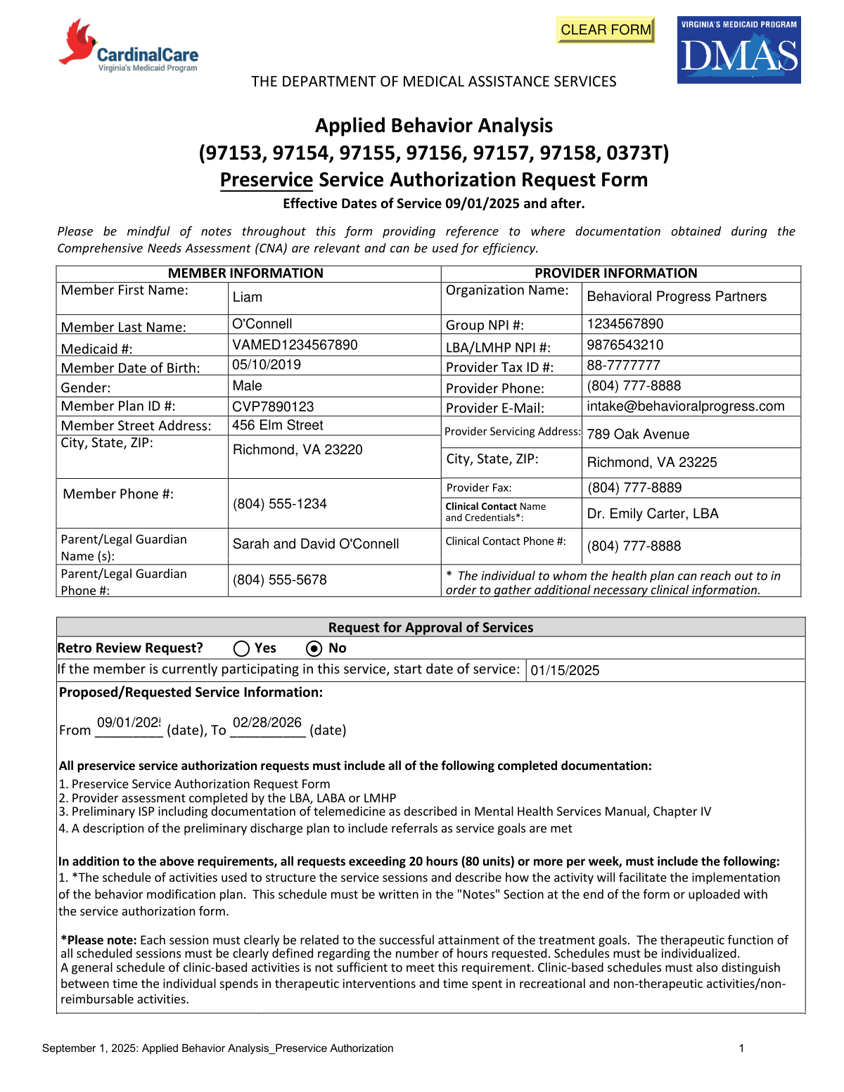 Completed The Department of Medical Assistance Services Applied Behavior Analysis Preservice Service Authorization Request Form for a child with ASD.