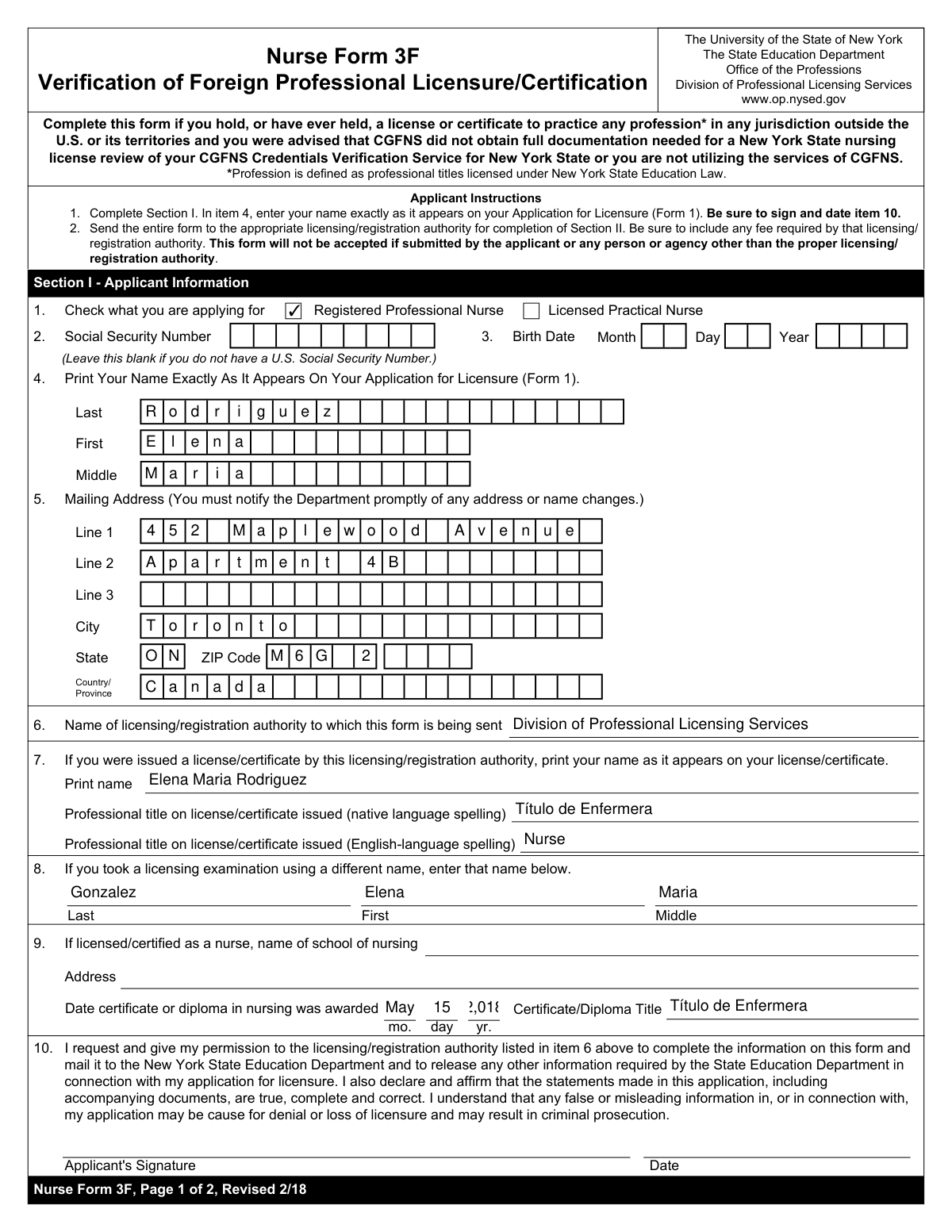 Completed Nurse Form 3F for New York State Education Department licensure verification.