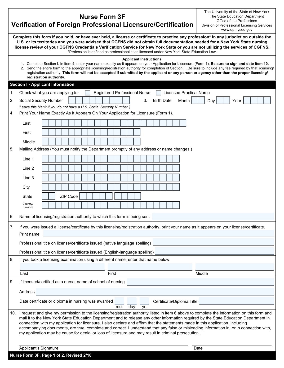 Preview of The University of the State of New York, The State Education Department, Office of the Professions, Division of Professional Licensing Services, Nurse Form 3F, Verification of Foreign Professional Licensure/Certification