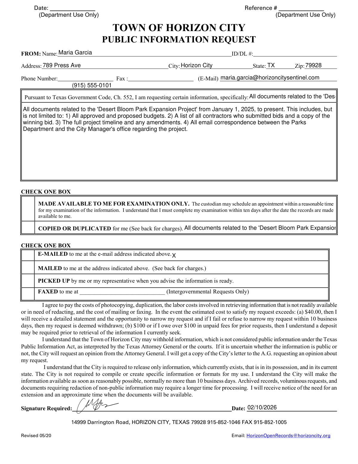 Completed example of a Town of Horizon City Public Information Request form under Texas Government Code, Chapter 552.