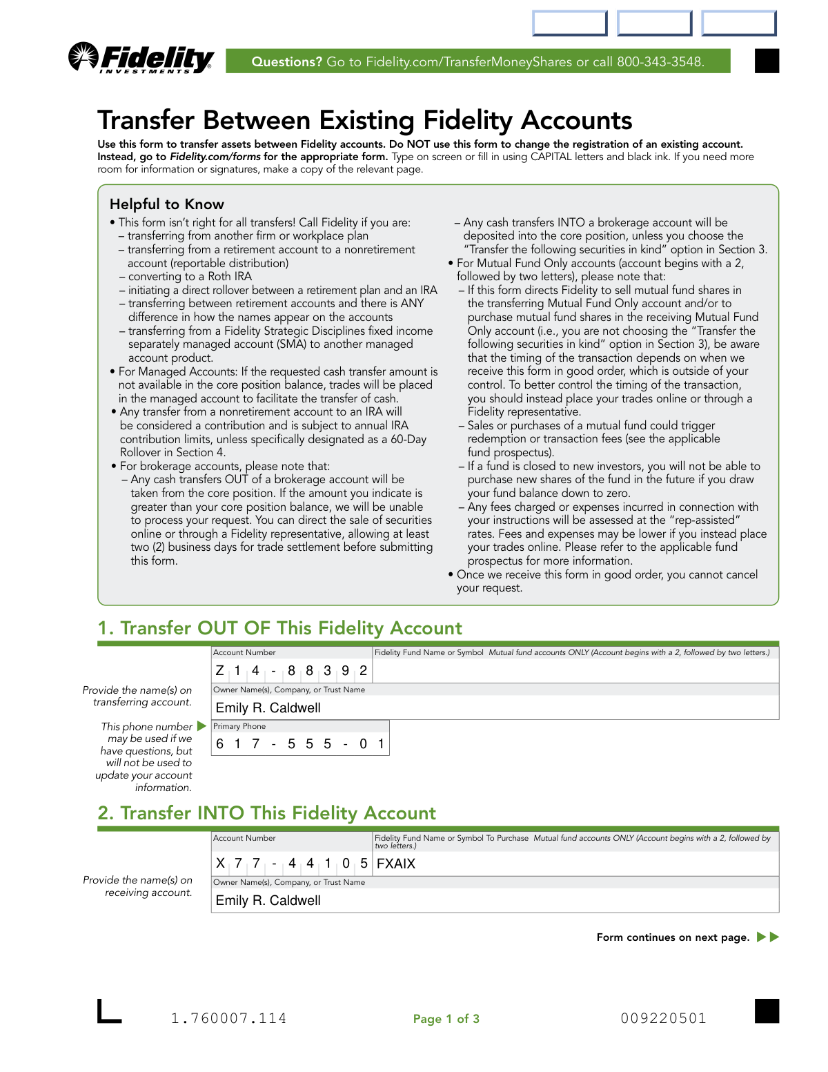 Completed Transfer Between Existing Fidelity Accounts Form showing a partial transfer of mutual funds and ETFs from a taxable brokerage account to a Roth IRA