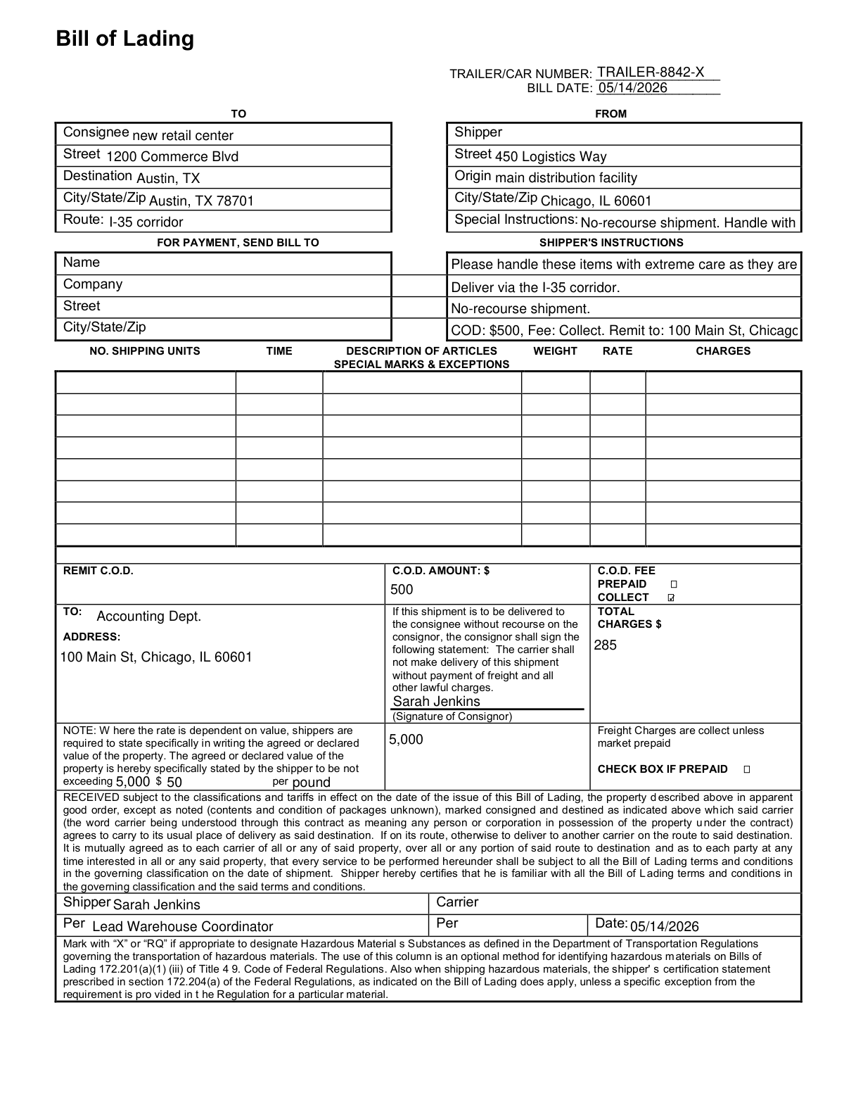 Completed Uniform Straight Bill of Lading form showing extracted freight shipment details.