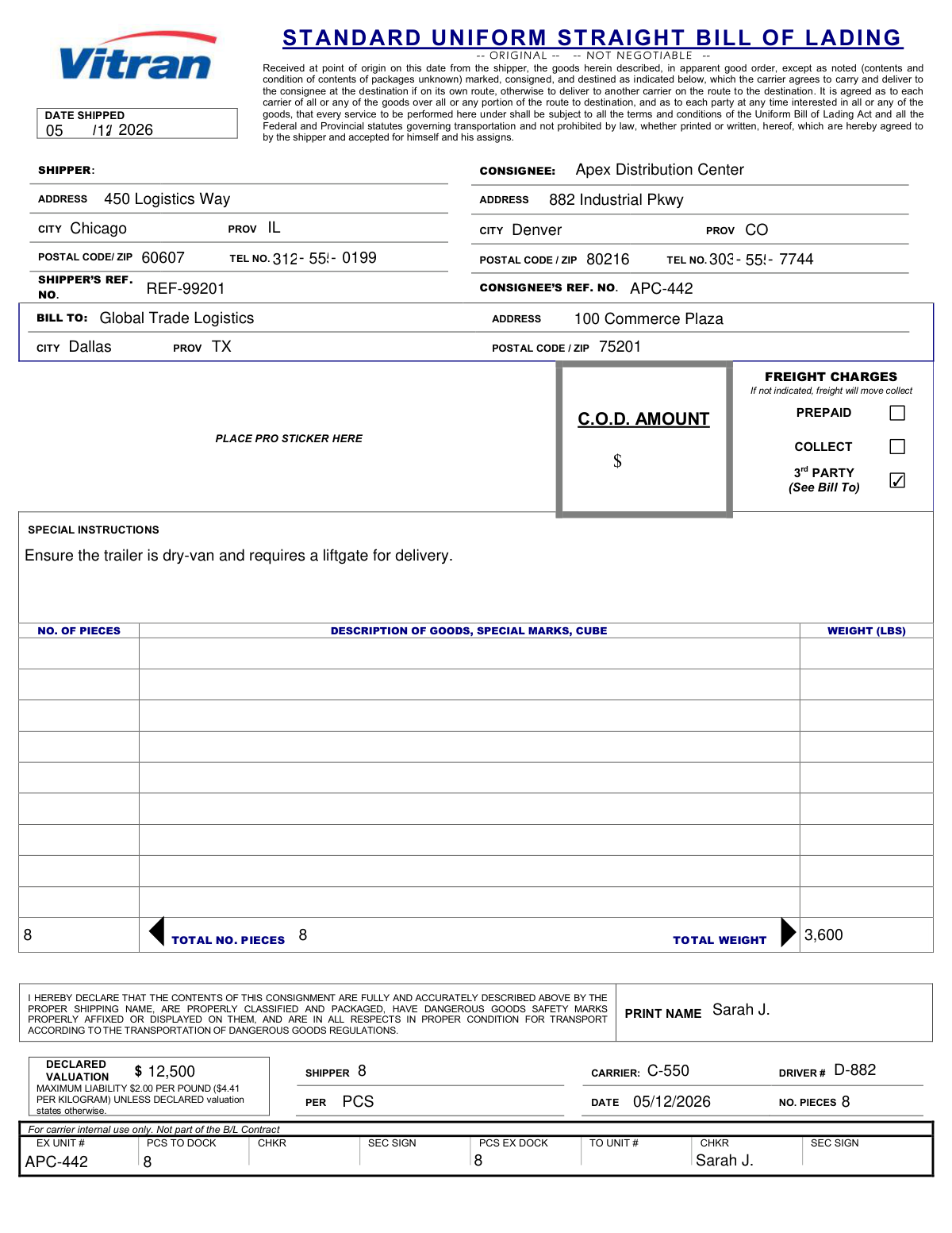 Completed Uniform Straight Bill of Lading PDF form filled via AI