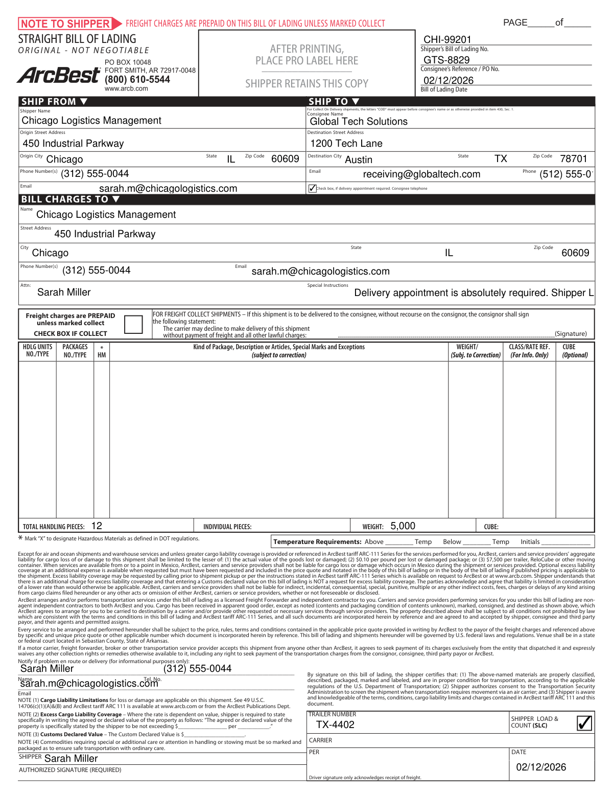 Completed Uniform Straight Bill of Lading document for logistics